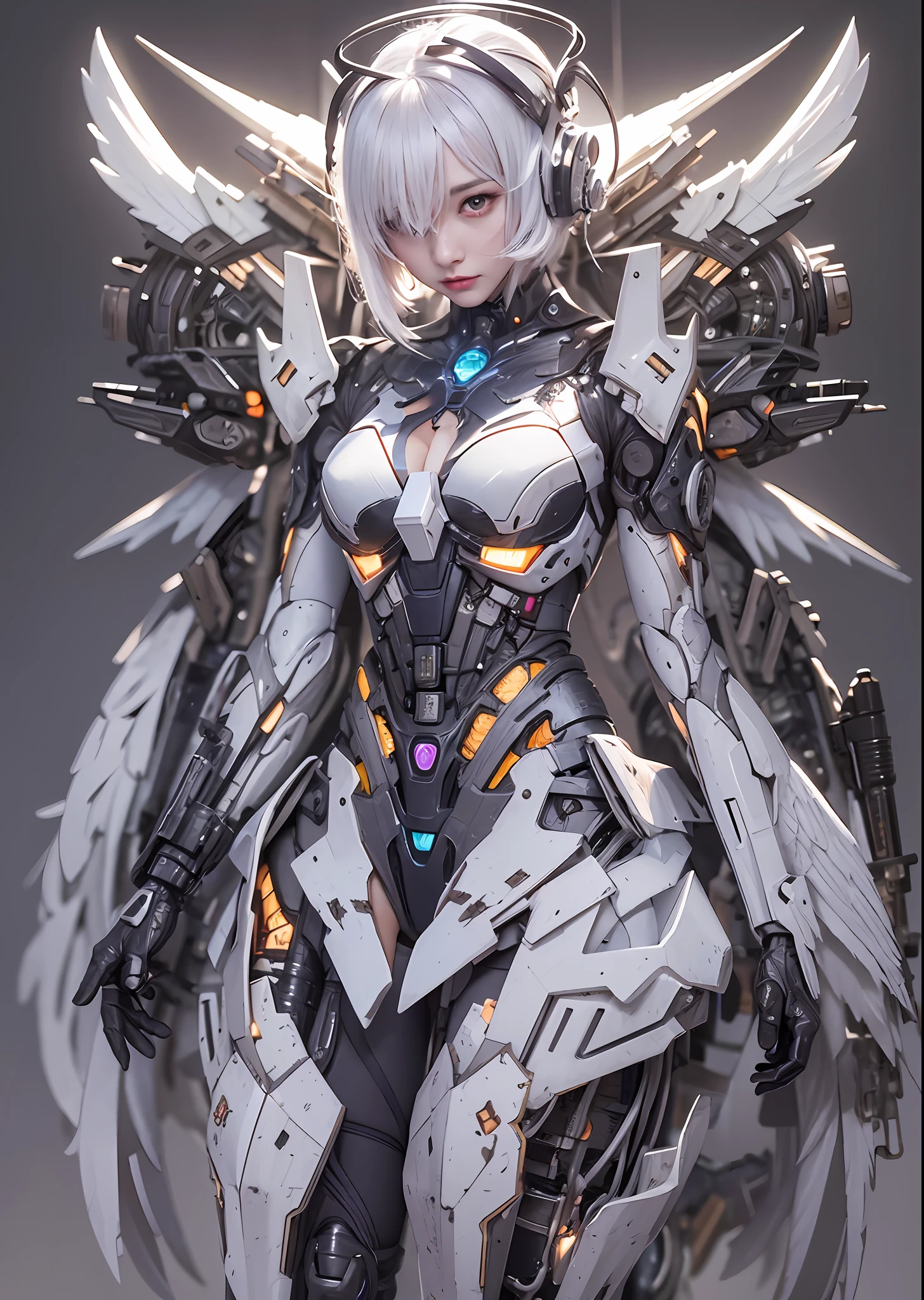 top-quality、​masterpiece、超A high resolution、(Photorealsitic:1.4)、Raw photo、Battle Cyborg Angel、large wings made of metal、White porcelain body、Acrylic Clear Cover、white  hair、glowy skin、1 Cyborg Girl、((super realistic details))、portlate、globalillumination、Shadow、octan render、8K、ultrasharp、character edge light,Colossal tits、Raw skin is exposed in cleavage、Details of complex ornaments、Gundam details、Hydraulic cylinder、Small LED lamp、highly intricate detail、Realistic light、a purple eye、radiant eyes、Facing the camera、neon details、cowboy  shot、Futuristic headgear、About Cyberpunk、、