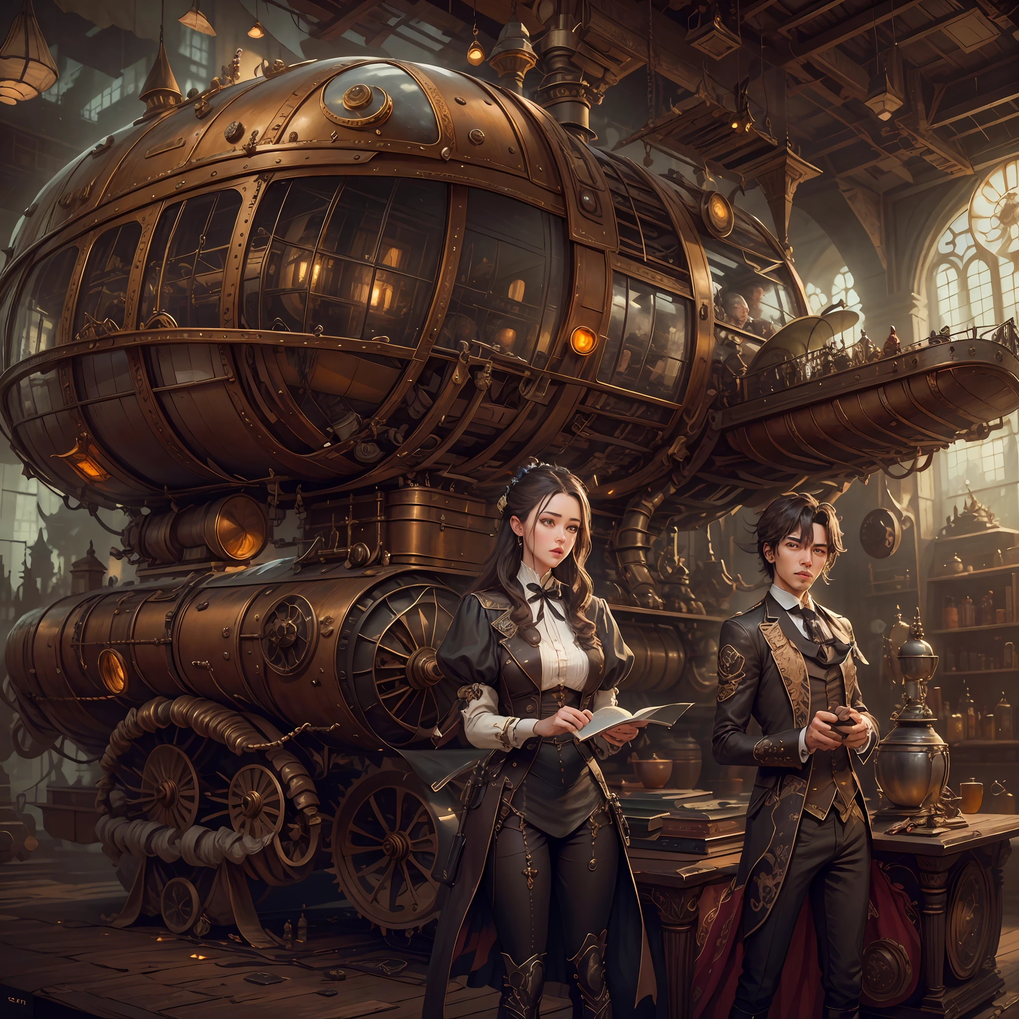 best qualtiy，tmasterpiece，超高分辨率，（realisticlying：1.4），absurderes，（ung couple repairing an airship in the manor，（Eye focus），sface focus, Clear facial features），（koh_amberheard：0.8），1 best long shot photo of Mechanical Airship Manor，Fantasy sci-fi vehicles，hyper realisitc，steampunc，Complex design，insanely details，finely detailled，Steampunk AI，1 couple doing business on the estate