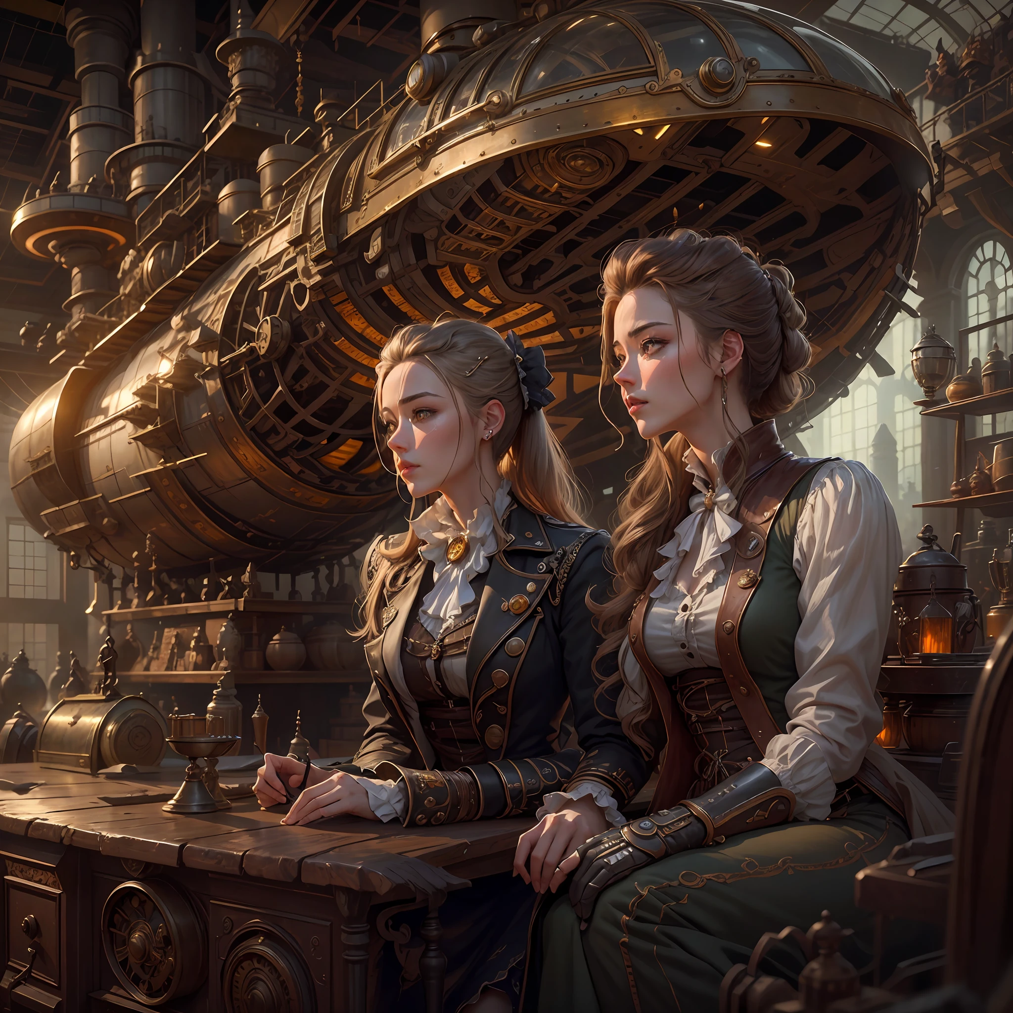 best qualtiy,tmasterpiece,超高分辨率,(realisticlying:1.4),absurderes,(1 young couple repairing an airship in the manor,(Eye focus),sface focus, Clear facial features),(koh_amberheard:0.8),1 best long shot photo of Mechanical Airship Manor,Fantasy sci-fi vehicles,hyper realisitc,steampunc,Complex design,insanely details,finely detailled,Steampunk AI,1 couple doing business on the estate