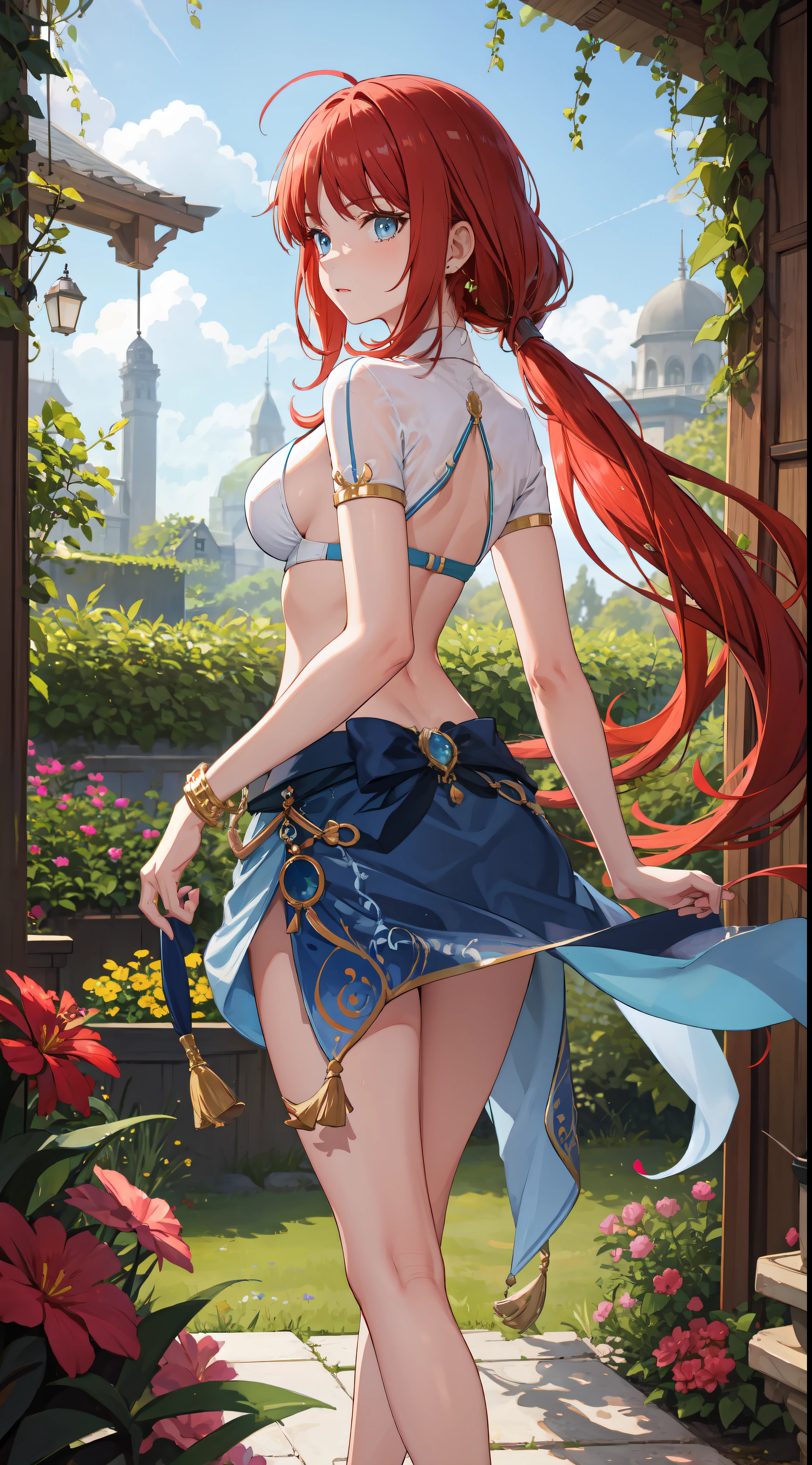 slim legs, blue eyes, nilou, red hair, long hair, mesmerising , medium breast, nervous, navel, garden, cleavage, hanging breast, from behind