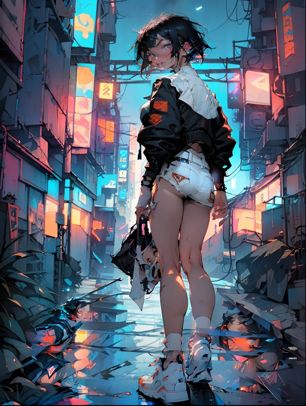 ((NSFW)), masterpiece, Best quality, Ultra high definition, Maximum resolution, Very detailed, Professional lighting, anime, (((single girl))), (slender), very cute, 1girl, 12 year age, (((hairy pubis ))), ((very short bobcut hair)) jetblack hair, ((cyberpunk vibes)) (((White footwear))) high socks, suspenser tigths, straps, (downed detailed cotton panty) Iigthparticles, cyber city, looking awayr, ((blue dark school sailor costume)) (((red ribbon))), thin body, city samurais in background, orange neon backlighting, whole body, pose, (((nigth city))) ((((at the top of a building)))) ((((jacket)))) (((deep blue and orange palette))) ((((Depth of field)))) (((cyberpunk city))) (dynamic shot) (((iluminated by neon haze ambient))) (((sordid ambien))) (((sexual inuendo)))