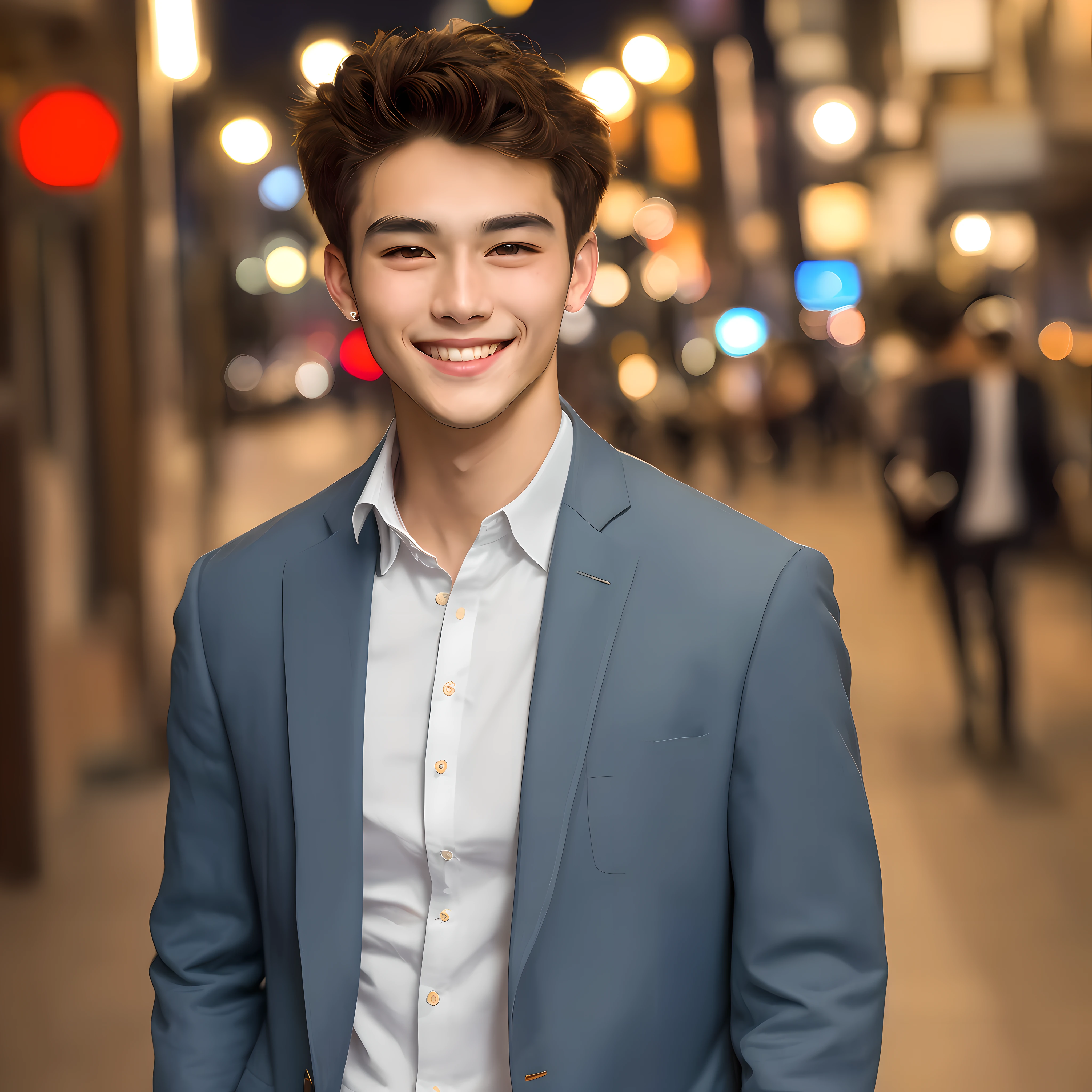 masterpiece, best quality, highres, ultra high res,real, photorealistic,Young man,Handsome face,evening,natural lighting,looking at viewer,outdoor,full body,smile,round face,short hair,details eyes,Shanghai city street,Nightscape