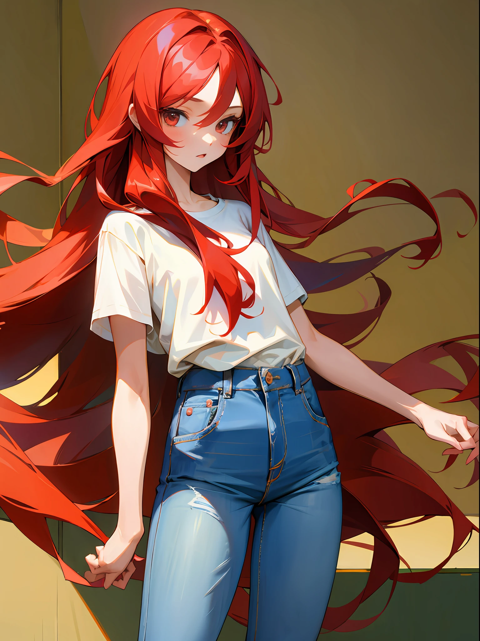 (masterpiece, best quality),1girl with long red hair, gray eyes, short jeans, white shirt