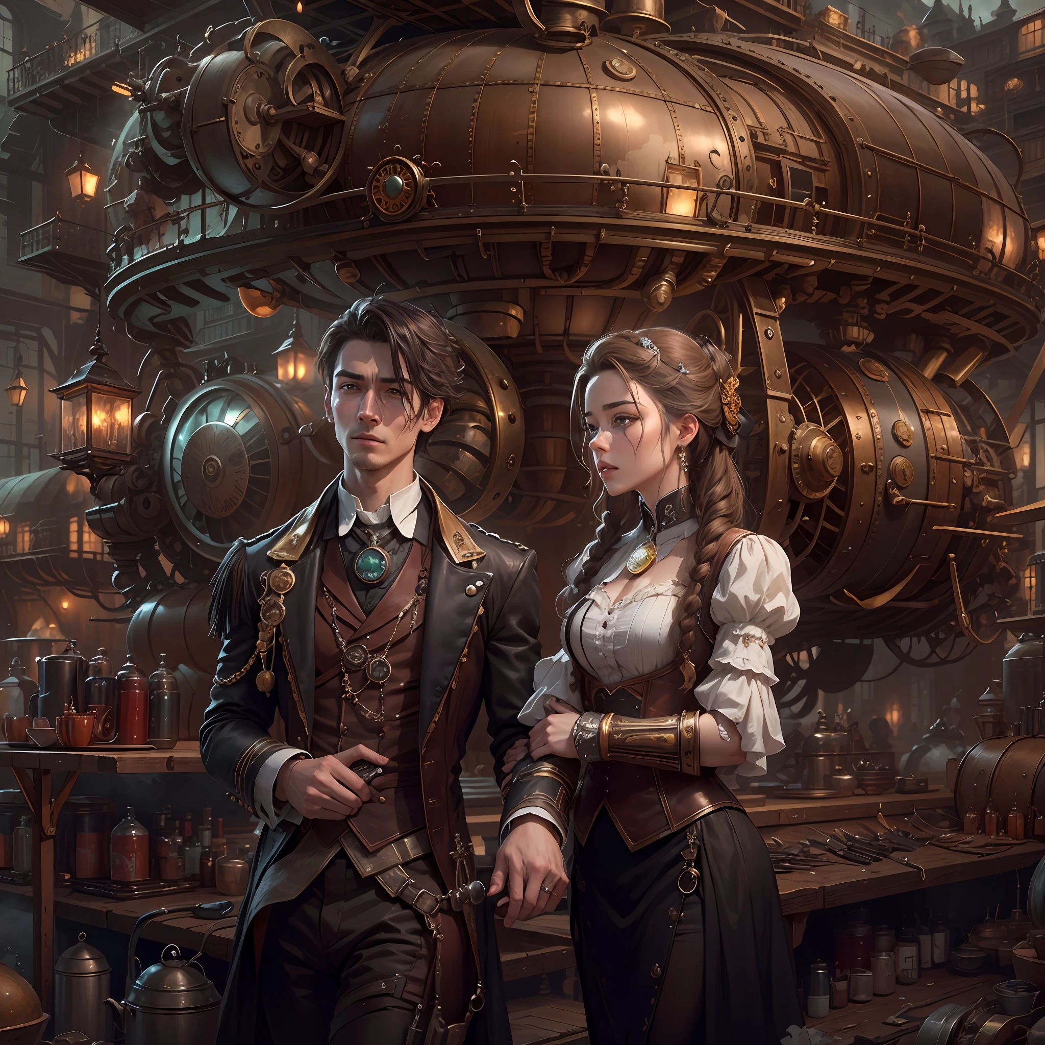 best qualtiy,tmasterpiece,超高分辨率,(realisticlying:1.4),absurderes,(ung couple repairing an airship in the manor,(Eye focus),sface focus, Clear facial features),(koh_amberheard:0.8),1 best long shot photo of Mechanical Airship Manor,Fantasy sci-fi vehicles,hyper realisitc,steampunc,Complex design,insanely details,finely detailled,Steampunk AI,1 couple doing business on the estate