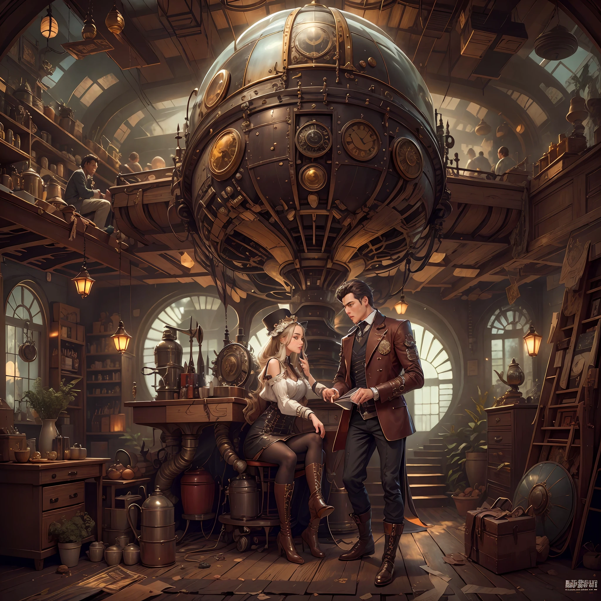 best qualtiy,tmasterpiece,超高分辨率,(realisticlying:1.4),absurderes,(1 young couple repairing an airship in the manor,(Eye focus),sface focus, Clear facial features),(koh_amberheard:0.8),1 best long shot photo of Mechanical Airship Manor,Fantasy sci-fi vehicles,hyper realisitc,steampunc,Complex design,insanely details,finely detailled,Steampunk AI,1 couple doing business on the estate