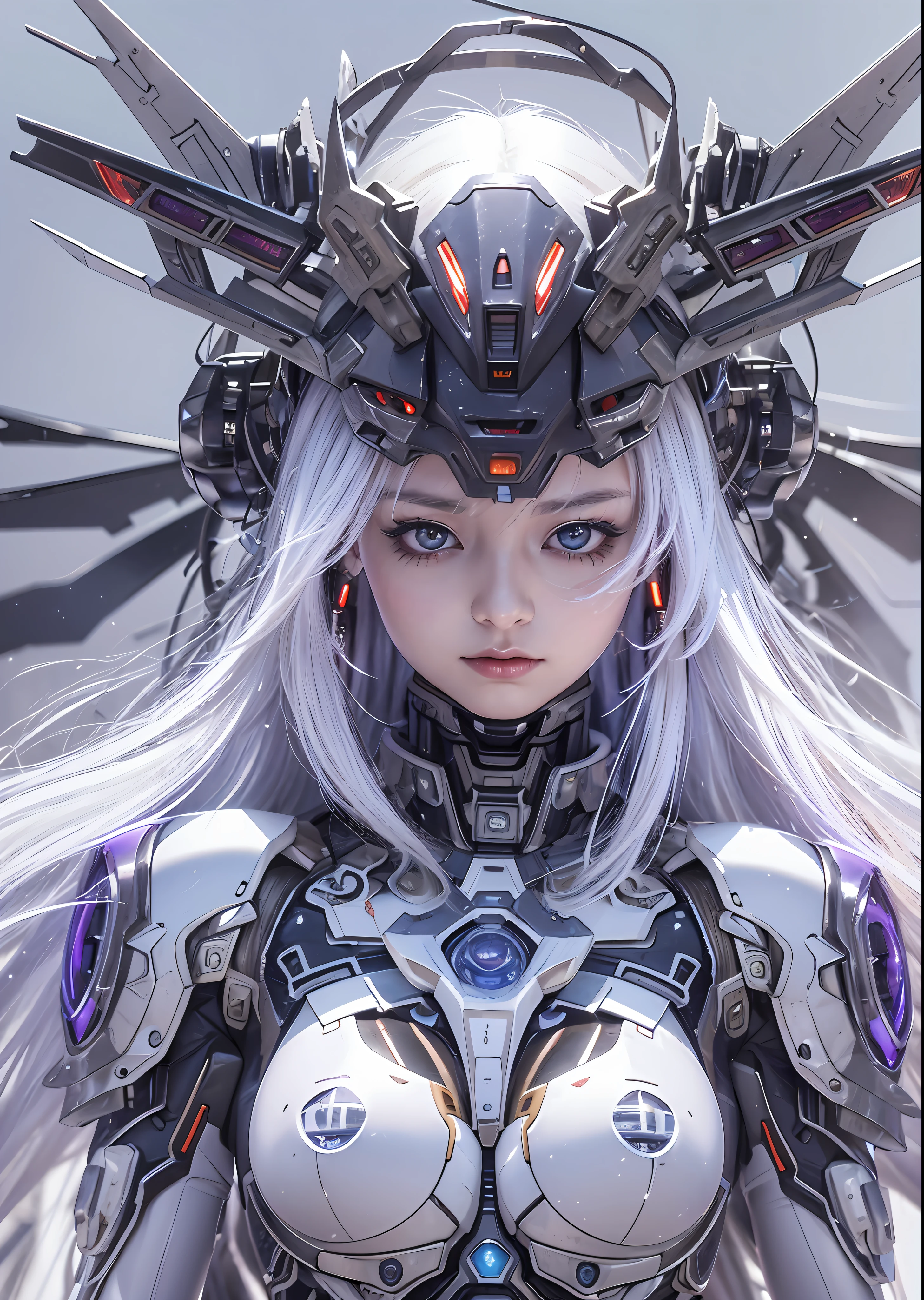 top-quality、​masterpiece、超A high resolution、(Photorealsitic:1.4)、Raw photo、Battle Cyborg Angel、large wings made of metal、White porcelain body、Acrylic Clear Cover、white  hair、glowy skin、1 Cyborg Girl、((super realistic details))、portlate、globalillumination、Shadow、octan render、8K、ultrasharp、character edge light,Colossal tits、Raw skin is exposed in cleavage、Details of complex ornaments、Gundam details、Hydraulic cylinder、Small LED lamp、highly intricate detail、Realistic light、a purple eye、radiant eyes、Facing the camera、neon details、cowboy  shot、Futuristic headgear、About Cyberpunk、、