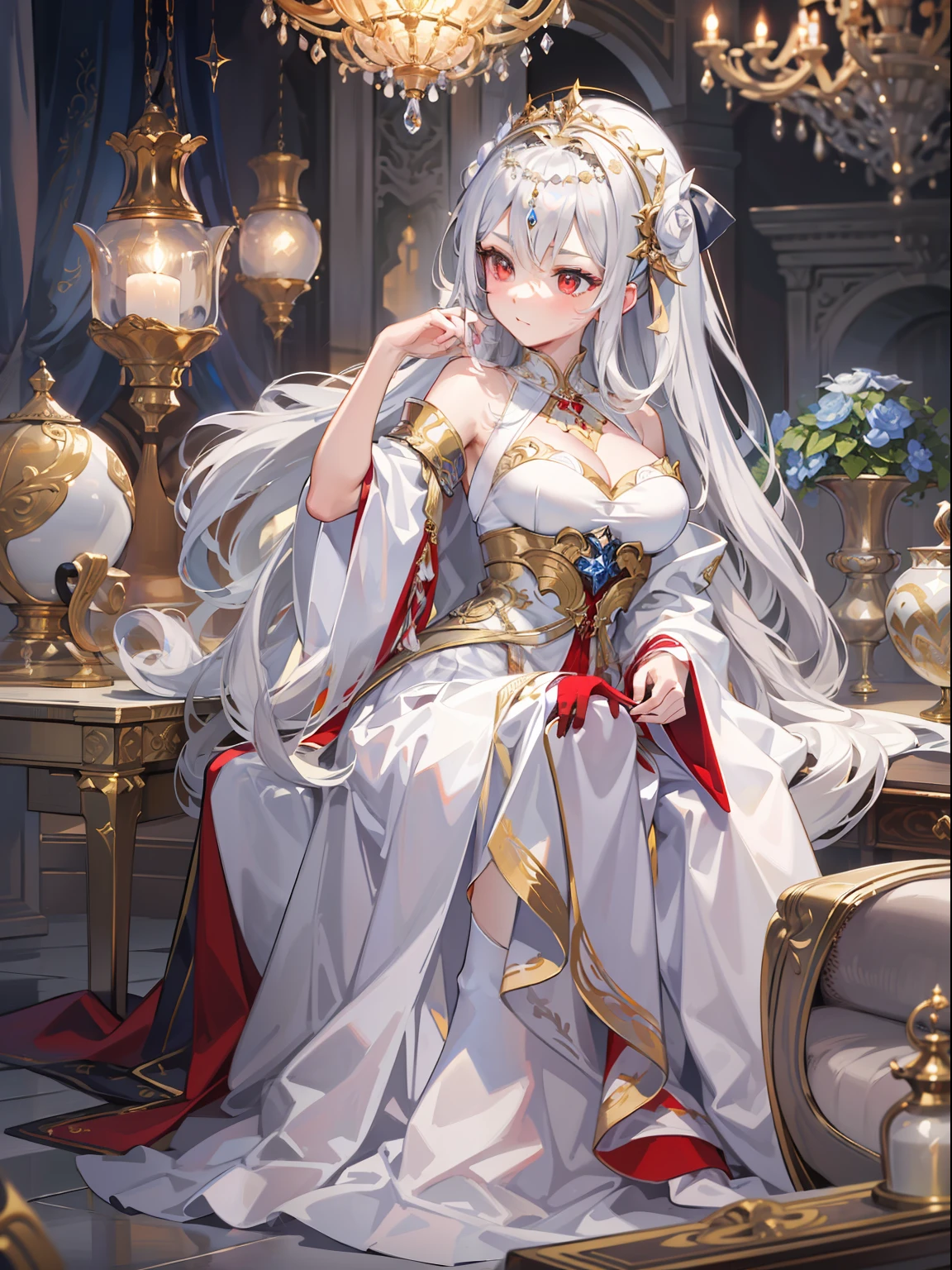 (Masterpiece level:1.4)Ultra-detailed picture quality(Beautiful silver-haired girl:1.4),red - eyed,Elegant aristocratic countenance,wearing white robes with,Robe gold pattern,Best 8K quality,Optimal color rendering,Best shadow effect,adolable,big breasts beautiful。