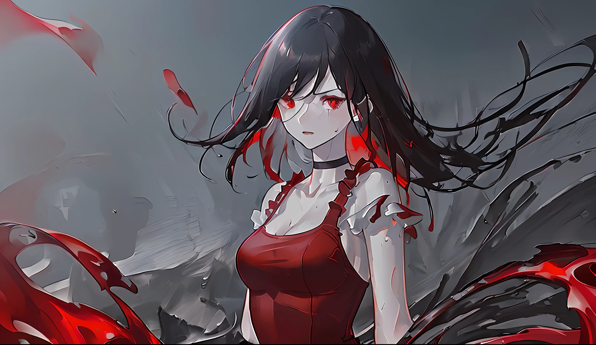 ((masterpiece)), (((red eyes))), (((black hair:1.3, floating hair, liquid hair, chromatic aberration, paint splatter))), (focus on eyes, shaded, photo, insanely detailed), short hair,
(photorealistic, masterpiece, dynamic angle, highest quality, (photorealistic, masterpiece, dynamic angle, highest quality, intricate, Alessandro Casagrande, Greg Rutkowski, Sally Mann, athletic wet punk body, (red dress), concept art, 4k, far-off),
(medium breasts, portrait, choker, soft), (sadness), (((Night))),
high sharpness, extreme saturation and contrast