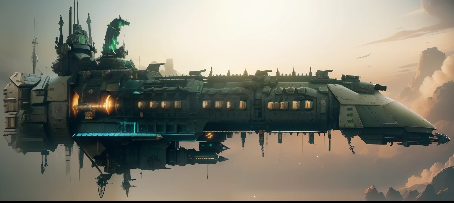 Uma (nave espacial de batalha:1.3)de cor verde, frete de cor branca full of weapons like automatic cannons, robust brute, on the upper back there is a gargoyle statue, as realistic as possible, 8k high details, (nave de Warhammer40k:1.2)