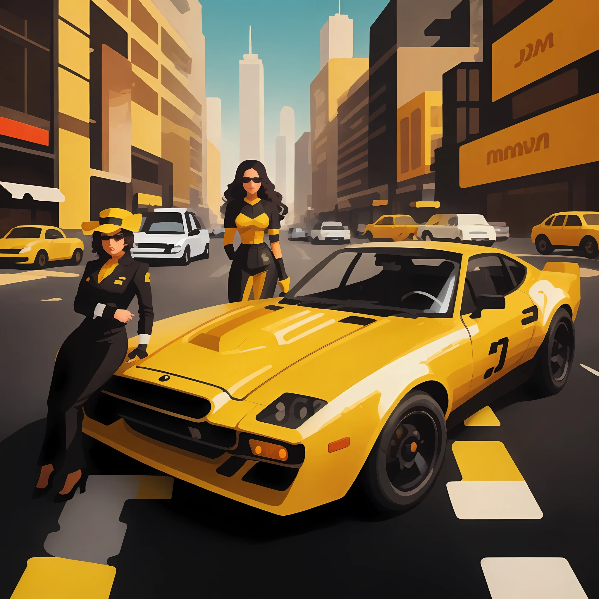 there is a woman driving a yellow race car on a city street, inspired by Kilian Eng, inspired by Jim Steranko, in style of syd mead, inspired by Syd Mead, the style of syd mead, dan mcpharlin : : ornate, dan mcpharlin, syd mead and mark brooks, syd mead style, syd mead cinematic painting, martin ansin