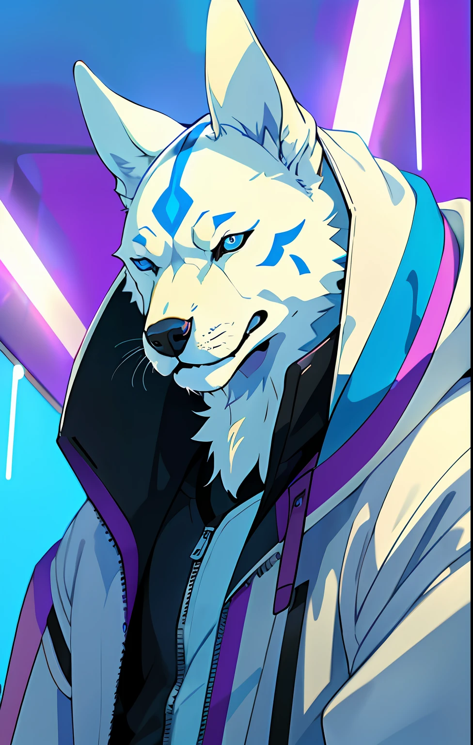 (masterpiece、top-quality、absurderes)、1人、well-muscled、A detailed eye、blue eyess、Open jacket、Adoring the Dog、The upper part of the body、(fluorescent lamp)、(colourfull)、((abstract background))、
