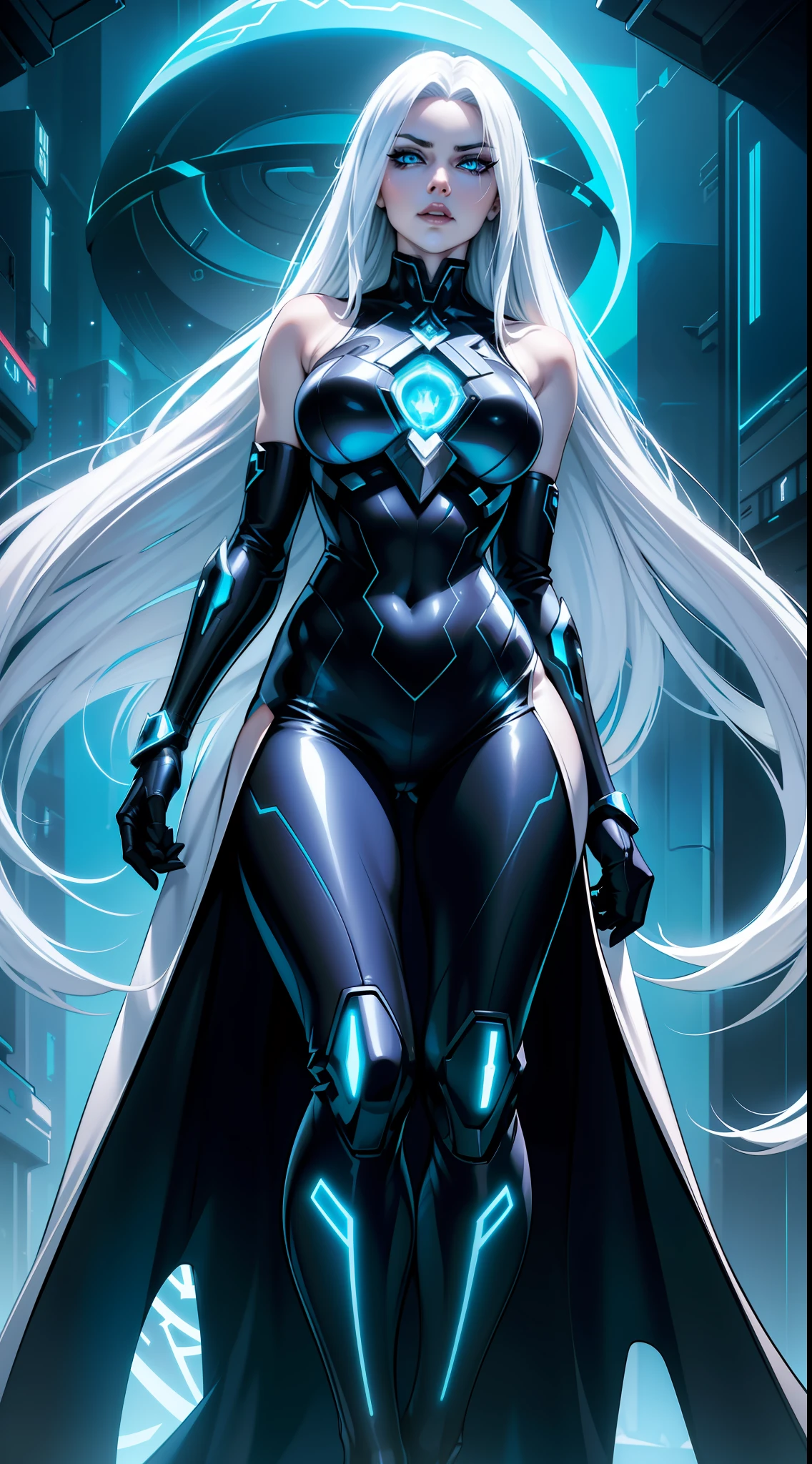 A beautiful and sexy evil woman with long white hair who sports a majestic figure, who possesses a very sexy body, dressed in futuristic cyberpunk tron armor that glows with shades of silver and electric blue. She has blue eyes that glow with temporal energy, has hourglass symbols on her arms symbolizing the weaving of time in her hands.