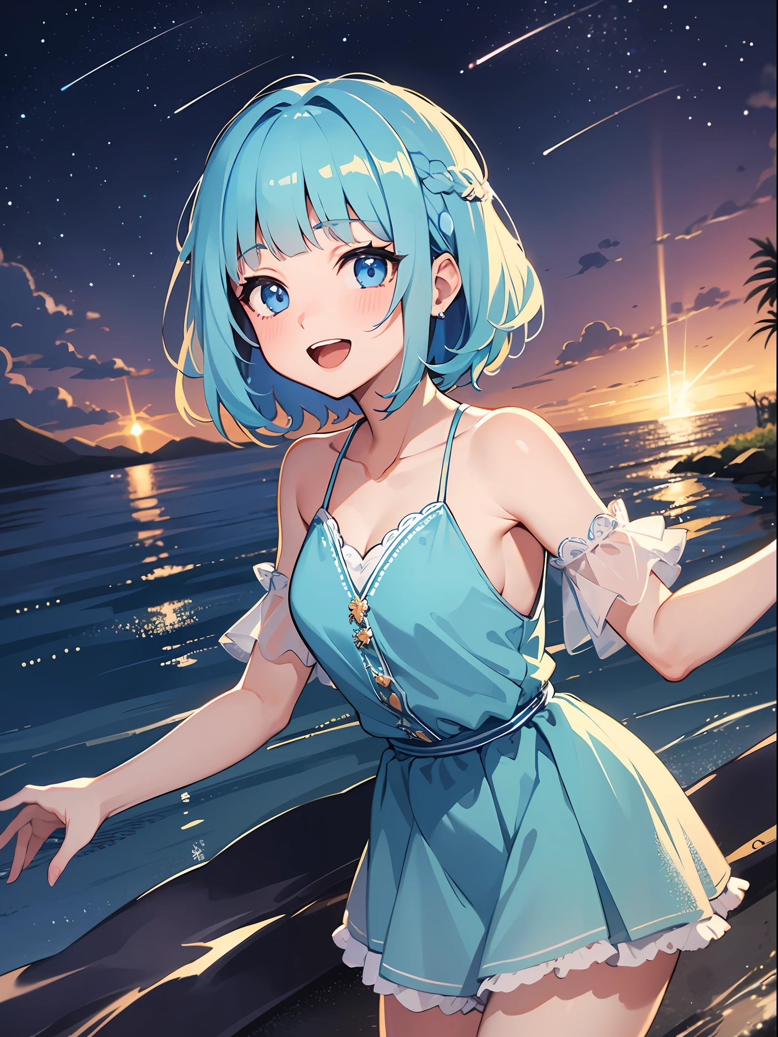 (masterpiece:1.3), (best quality:1.3), high resolution, 


overlook view, couboy shot, 
leaning forward, body facing forward, 

(one cute girl:1.3), solo, 
white skin, small Breast, eight-headed person, 
light blue hair, (bobbed hair:1.2), (short hair:1.1), (blunt bangs:1.2), beautiful hair, blue eyes, beautiful detailed eyes, 

blush, open mouth, cheerful smile, 

short dress, blue check skirt, 

outdoors, (night:1.2), ocean, Starry sky in beautiful detail, night sky, 

shadowlighting,