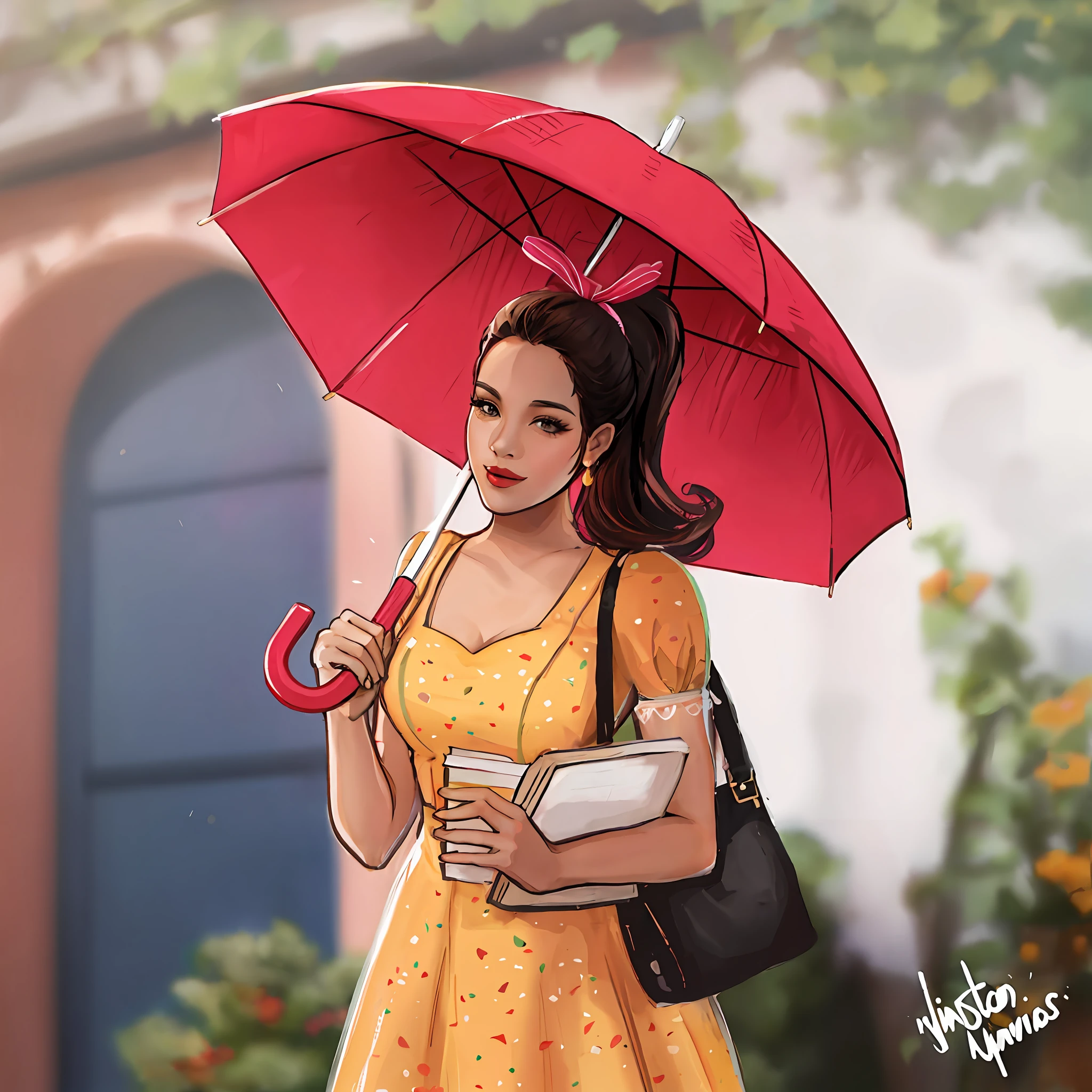 There's a woman holding an umbrella and a book, Fanart, pintura digital dos desenhos animados, in illustration style digital,