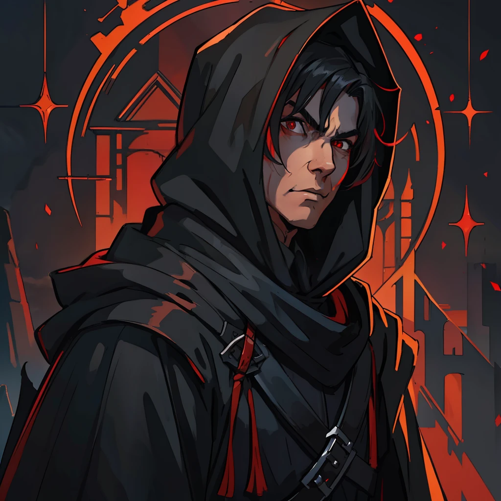 a man with black hair and red eyes, he is a villain, an evil man wearing black robes and hood, like a padino in An art for RPG A character for RPG A villain Medieval RPG Art RPG fantasy RPG an illustration for rpg a digital art