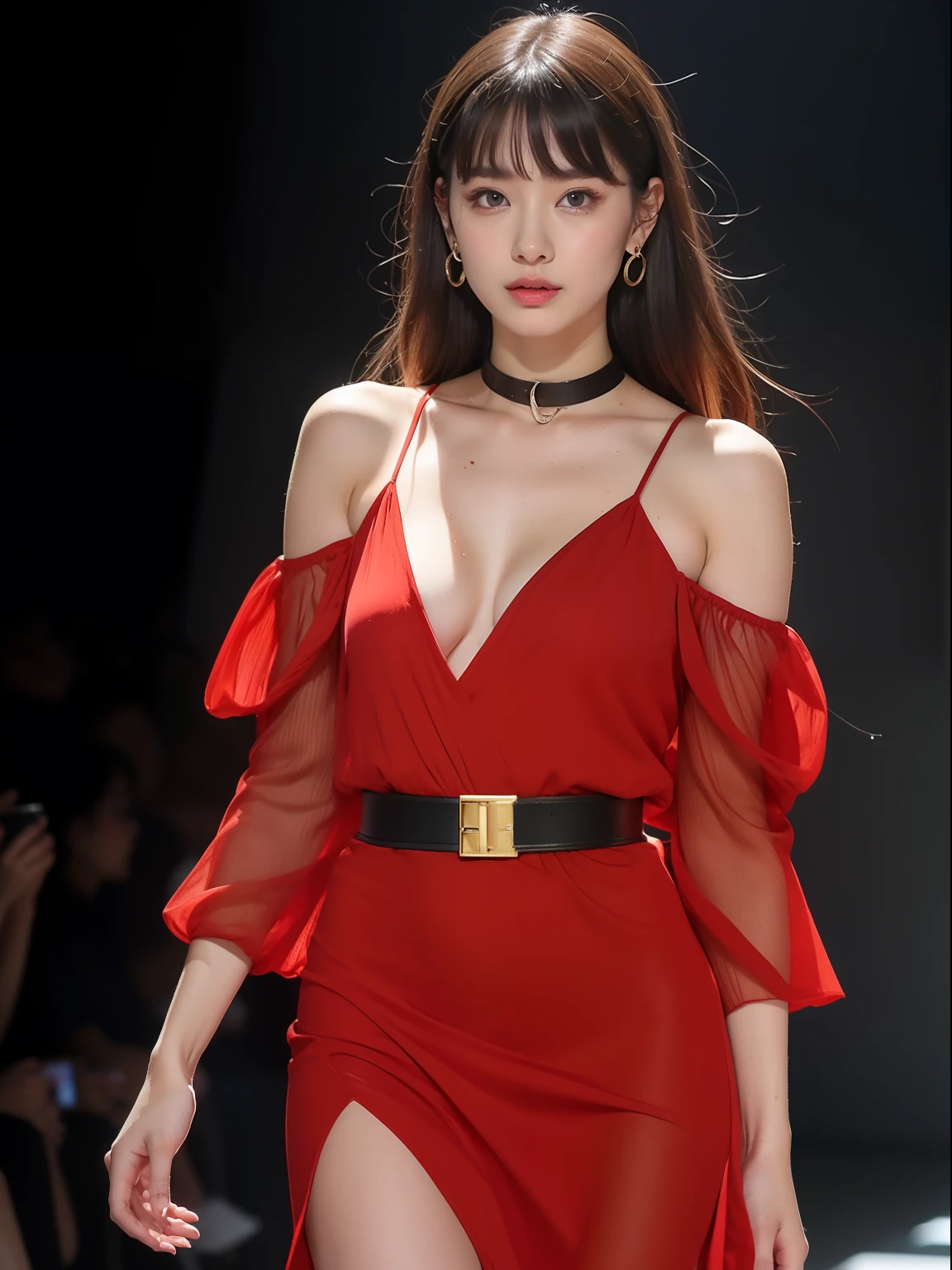 (Best quality, 8k, 32k, Masterpiece, UHD:1.2),Photo of Pretty Japanese woman, 1girl, (medium-short dark brown hair), double eyelid, fashion model, beautiful legs, contemporary cut，unique maxi very wet light red dress with slit, off-shoulder, gold belt, choker, stand tall, runway, huge stage, Paris Collection, nsfw, full body, see through,,see-through_blouses,breast_pasty