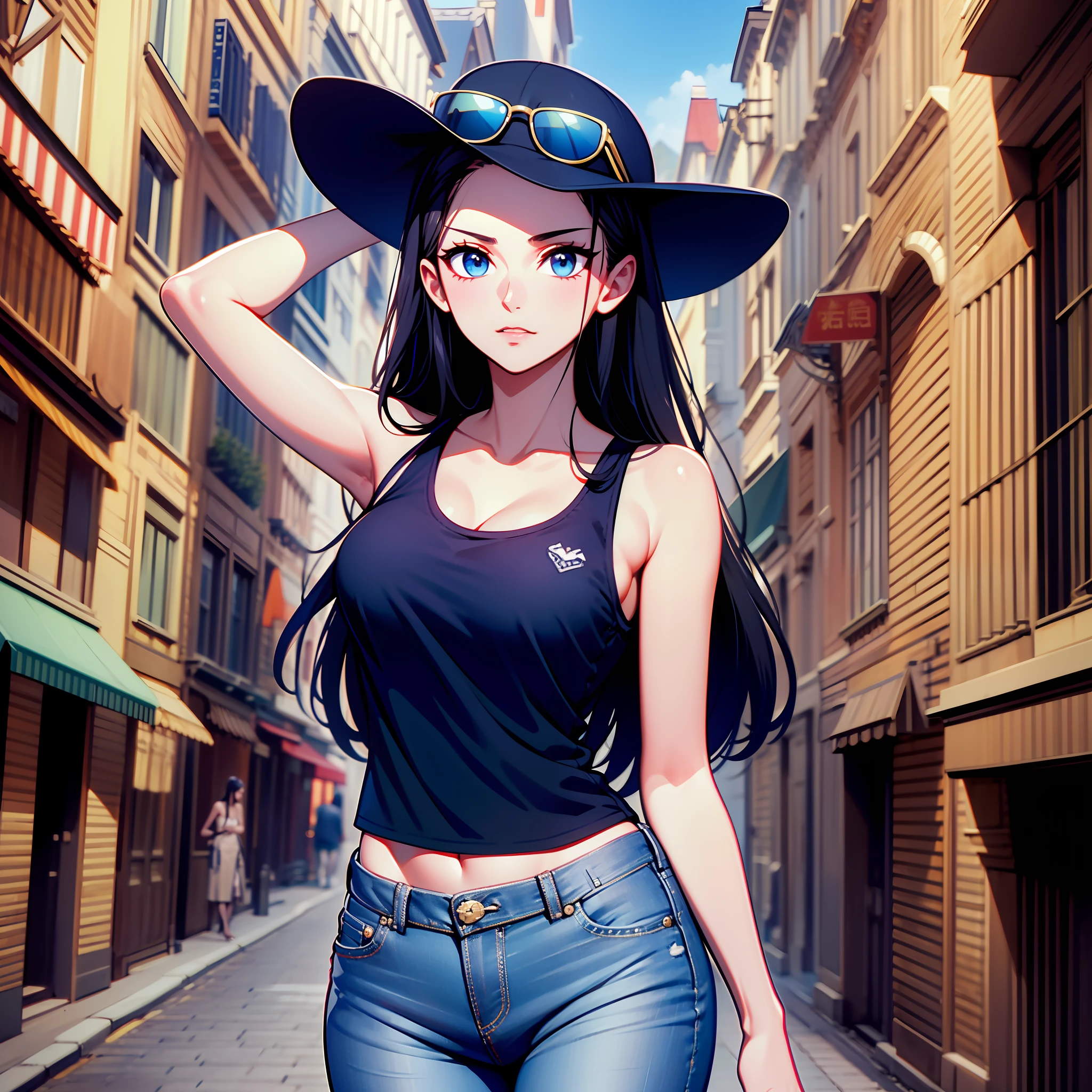 top-quality,masterpiece,Masterpiece,8k,high-level image quality,High pixel count,detail portrayal,1人の女性,1girl,独奏,Black hair,Long,straight haired,Dark blue eyes,High nasal muscles,I can see my forehead.,180 cm height,Slender body line,thin hip,small tits,cowboy shot,Standing figure,Medieval cityscape,Navy blue tank top T-shirt,jeans,Wear sunglasses on your head,full bodyesbian,Walking,Bullish look