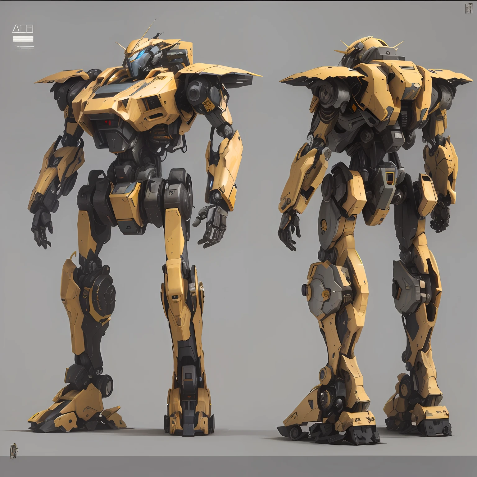 A closeup of two robots with helmets next to each other, arte conceitual Mech, Mecha amarela, Mecha de corpo inteiro, painterly humanoid mecha, terno Mech, mech robot futuristic, corpo Mech, terno Mecha, robot concept art, Mech, mega Mecha humanoide, Mecha inspirado, artes conceituais, # Mecha, Mecha humanoide, mais realista