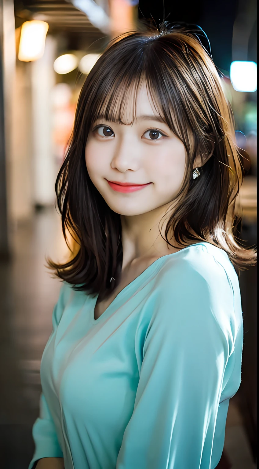 ((Best Quality, 8K, masutepiece:1.3)), Focus: 1.2, Perfect Body Beauty: 1.4, Buttocks: 1.2, ((Layered Haircut, breasts: 1.2)), (Wet clothes: 1.1), (Restaurant at night), Highly detailed face and skin texture, Fine eyes, Double eyelids, Whitening skin, Very short bob hair, Smile,Photo taken with 85mm lens, Blurry background, kawaii, 20 years old, Mio Imada