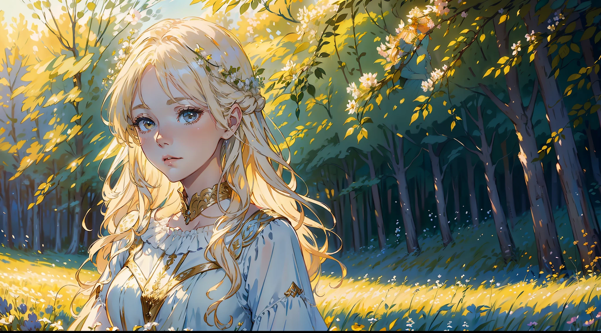 A golden-haired maiden with a celestial beauty, wearing a flowing white gown, standing in a blooming field of wildflowers. (fairytale-like:1.2), (dreamy atmosphere:1.3), (ethereal glow:1.2), (soft sunlight:1.1), (fine art portrait:1.4), (detailed hair:1.3), (subtle breeze:1.1), (impressionist style:1.2), (serene expression:1.3), (delicate features:1.2).