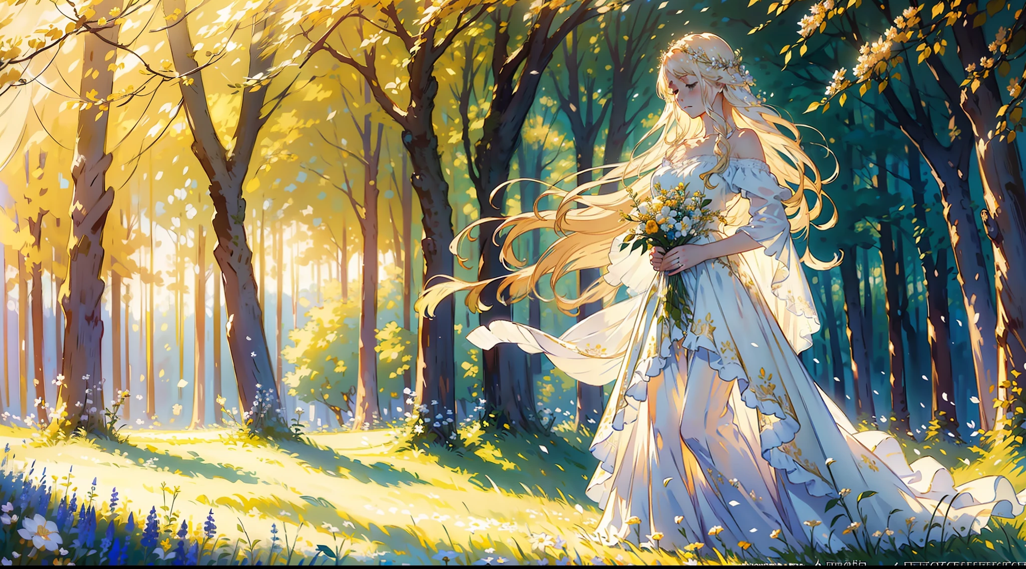 A golden-haired maiden with a celestial beauty, wearing a flowing white gown, standing in a blooming field of wildflowers. (fairytale-like:1.2), (dreamy atmosphere:1.3), (ethereal glow:1.2), (soft sunlight:1.1), (fine art portrait:1.4), (detailed hair:1.3), (subtle breeze:1.1), (impressionist style:1.2), (serene expression:1.3), (delicate features:1.2).