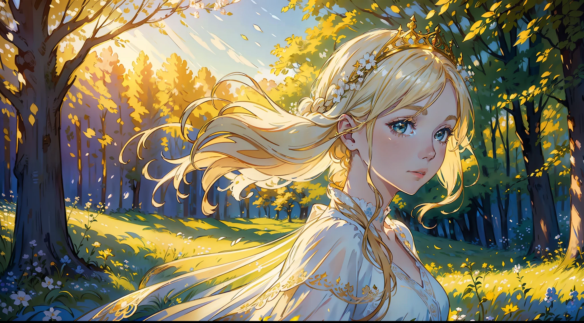 A golden-haired maiden with a celestial beauty, wearing a flowing white gown, standing in a blooming field of wildflowers. (fairytale-like:1.2), (dreamy atmosphere:1.3), (ethereal glow:1.2), (soft sunlight:1.1), (fine art portrait:1.4), (detailed hair:1.3), (subtle breeze:1.1), (impressionist style:1.2), (serene expression:1.3), (delicate features:1.2).