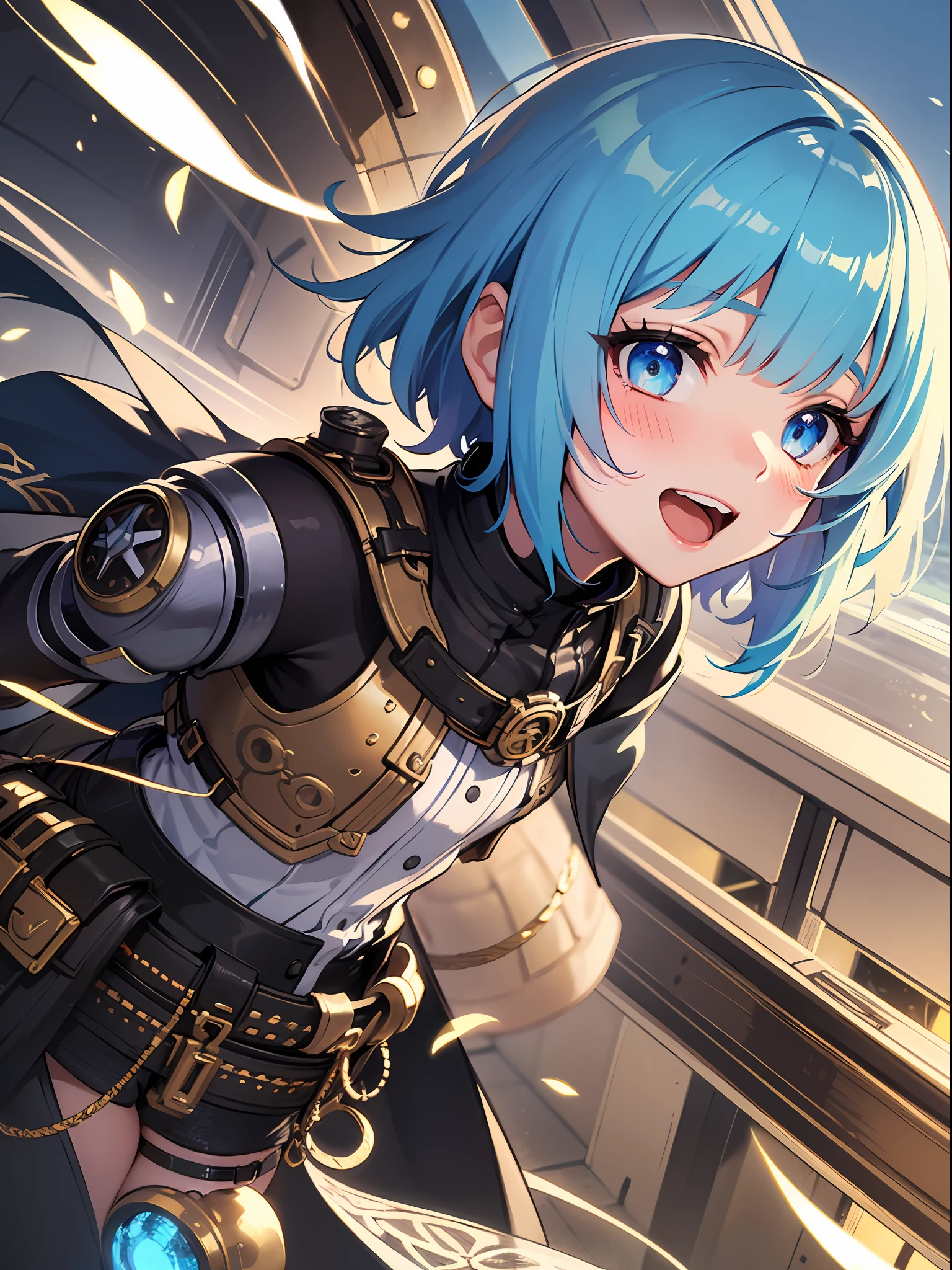 (masterpiece:1.3), (best quality:1.3), high resolution,
overlook view, couboy shot,
leaning forward, body facing forward,
(one cute girl:1.3), solo,
white skin, small Breast, eight-headed person,
light blue hair, (bobbed hair:1.2), (short hair:1.1), (blunt bangs:1.2), beautiful hair, blue eyes, beautiful detailed eyes,
blush, open mouth, cheerful smile,
steampunk, mechanical suit,
outdoors,
shadowlighting,