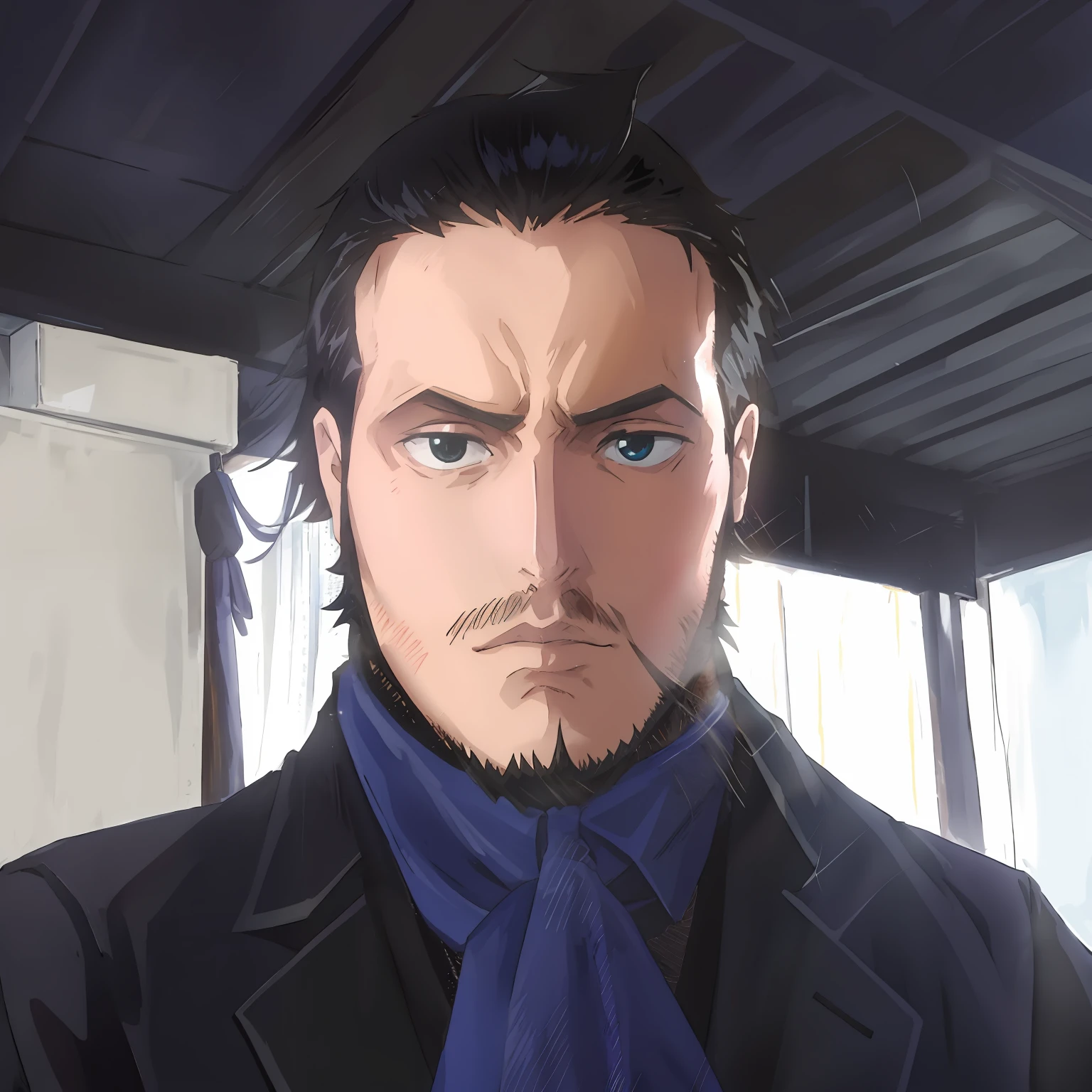 anime, man, neck blue scarf, black suit, black overcoat, short ponytail, tiny beard