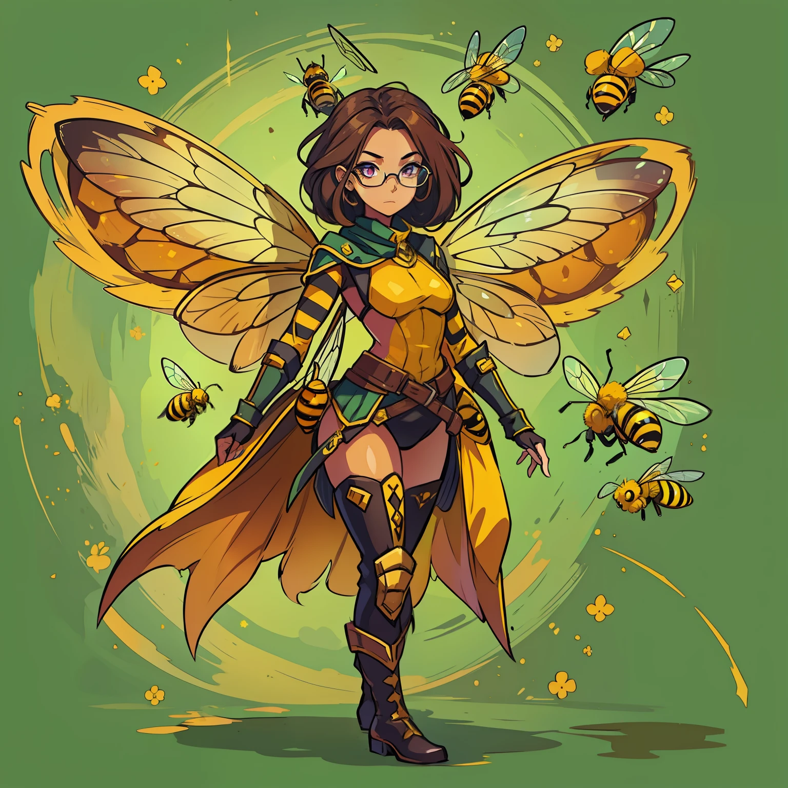 A bee woman A villain for RPG inspired by a bee A woman with the colors and elements, including wings of a wasp bee A villain who represents the essence of a bee She is in a hive with lots of magic and honey illustrating the image He wears glasses that symbolize the eyes of bees Colors of bees An art for RPG A character for RPG A villain Medieval RPG RPG Art RPG fantasy RPG an illustration for RPG a digital art