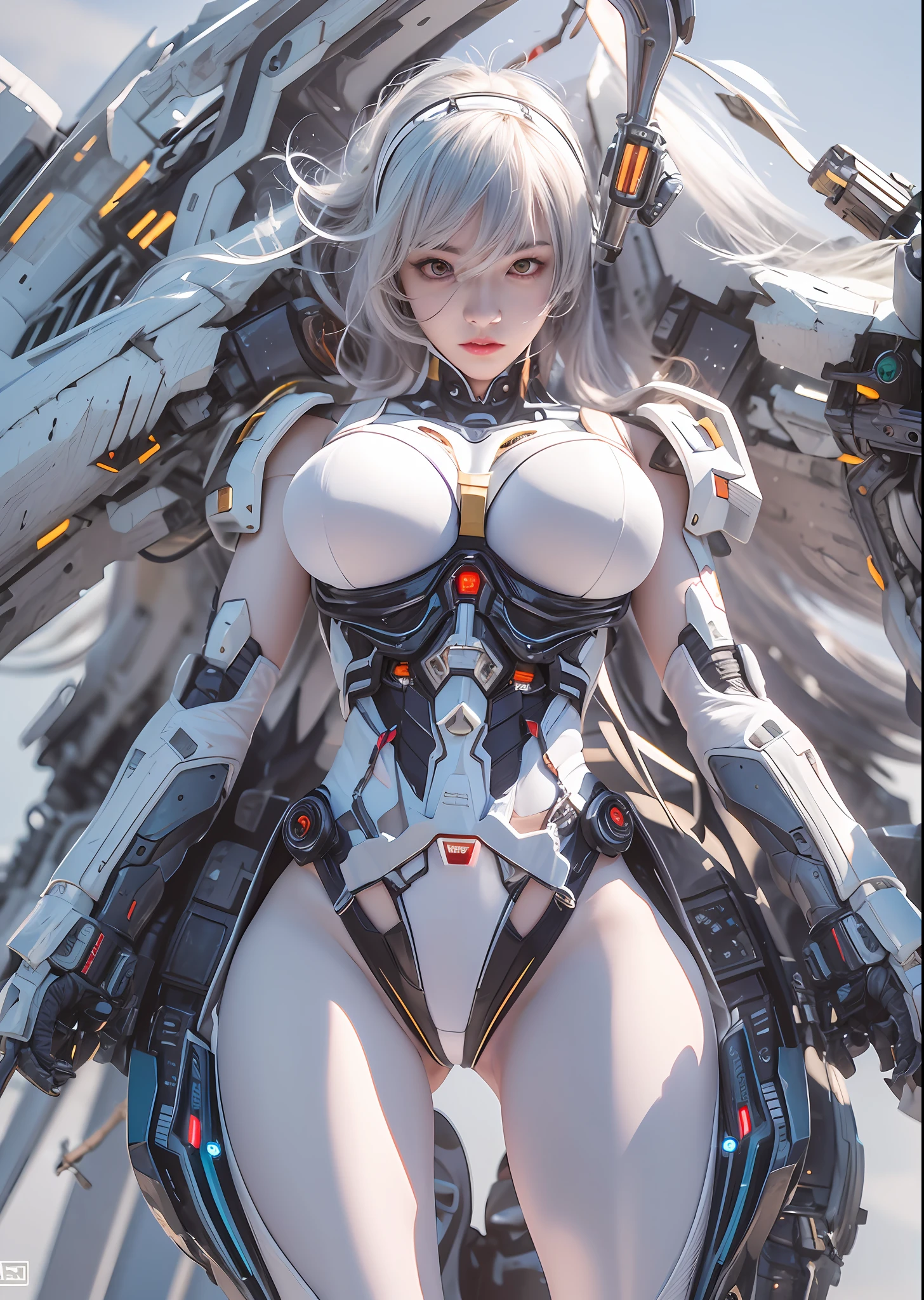 top-quality、masterpiece、超A high resolution、(Photorealsitic:1.4)、Raw photo、Battle Cyborg Angel、large wings made of metal、White porcelain body、Acrylic Clear Cover、white hair、glowy skin、1 Cyborg Girl、((super realistic details))、portlate、globalillumination、Shadow、octan render、8K、ultrasharp、character edge light,Colossal tits、Raw skin is exposed in cleavage、Details of complex ornaments、Zeta Gundam details、Hydraulic cylinder、Small LED lamp、highly intricate detail、Realistic light、a purple eye、radiant eyes、Facing the camera、neon details、cowboy shot、Futuristic headgear、About Cyberpunk、、