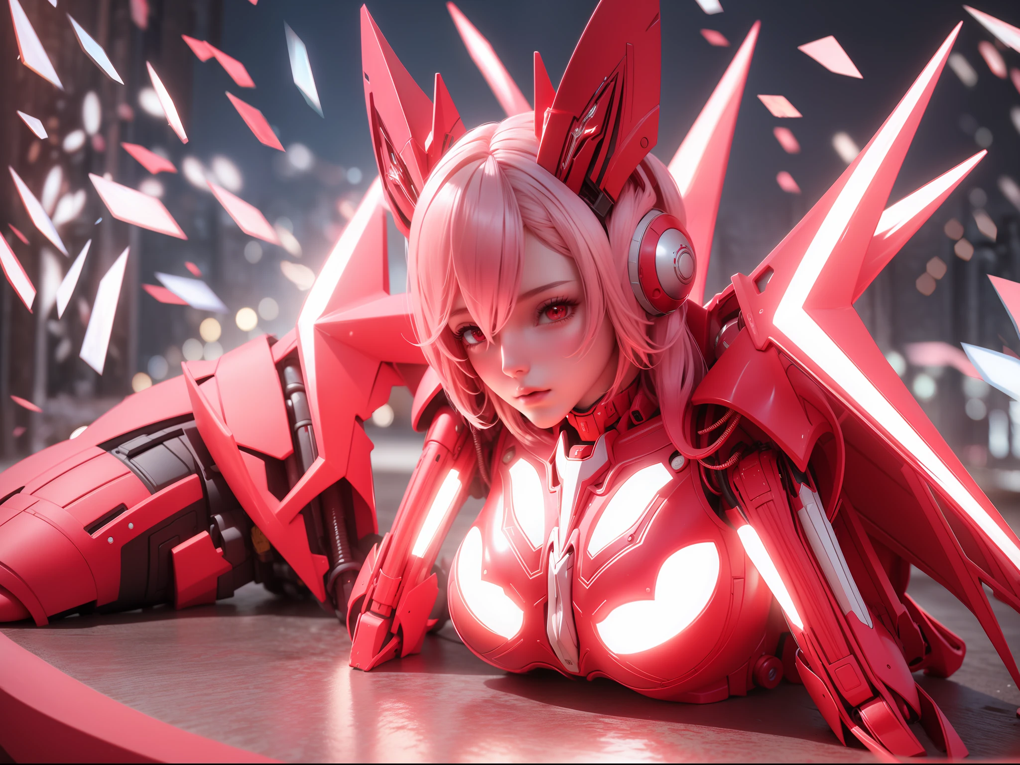 Female red and white mecha sculpture，Kneeling pose，The mech is rich in detail，Mechanical skin texture，