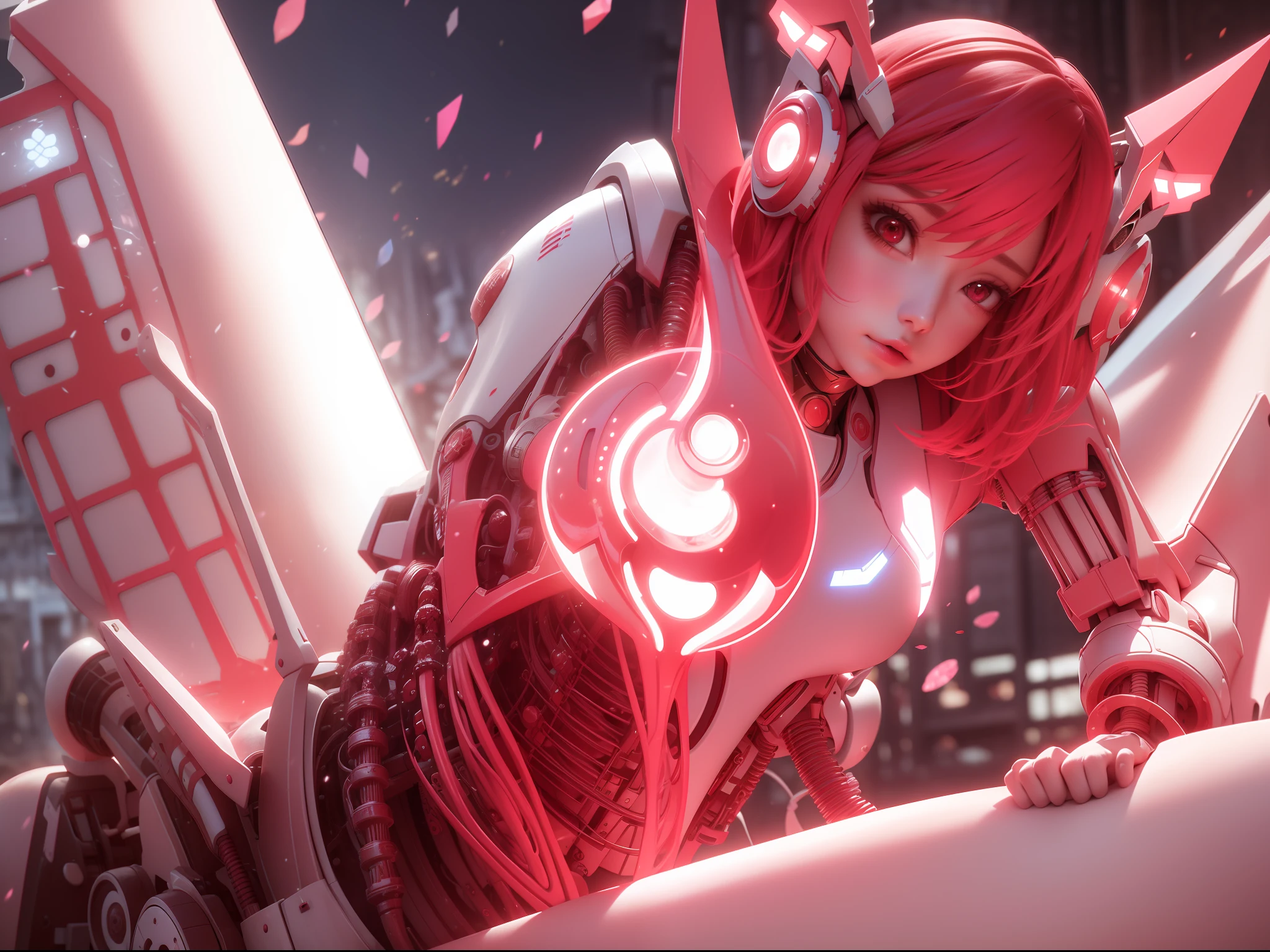 Female red and white mecha sculpture,Kneeling pose,The mech is rich in detail,Mechanical skin texture,