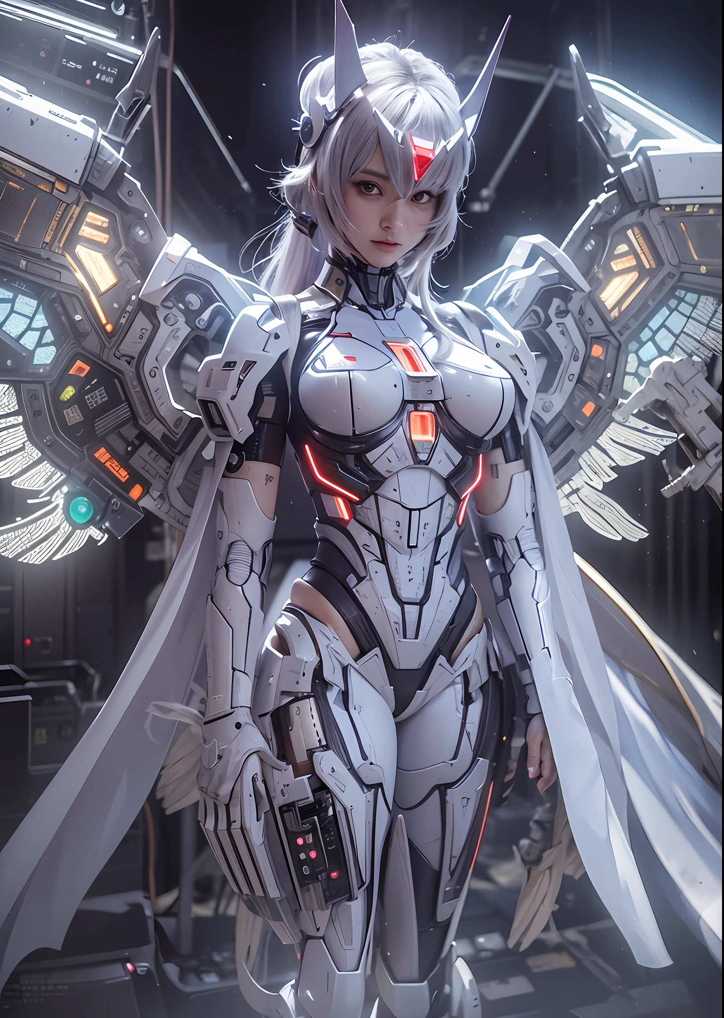 top-quality、masterpiece、超A high resolution、(Photorealsitic:1.4)、Raw photo、Battle Cyborg Angel、large wings made of metal、White porcelain body、Acrylic Clear Cover、white hair、glowy skin、1 Cyborg Girl、((super realistic details))、portlate、globalillumination、Shadow、octan render、8K、ultrasharp、character edge light,Colossal tits、Raw skin is exposed in cleavage、Details of complex ornaments、Zeta Gundam details、Hydraulic cylinder、Small LED lamp、highly intricate detail、Realistic light、a purple eye、radiant eyes、Facing the camera、neon details、cowboy shot、Futuristic headgear、About Cyberpunk、、