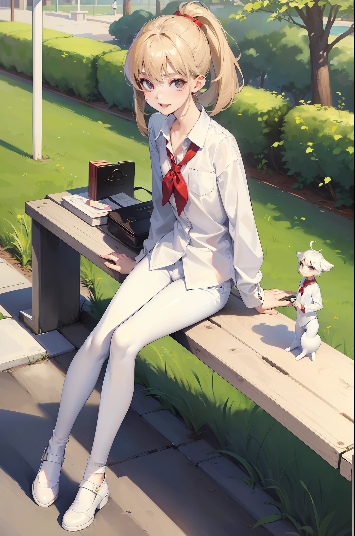 masterpiece, highest quality, full body , 1girl, ((petite body)), little, ((flat chest)), white shirt, white pants, smiling, happy, cute, school girl, ((innocent)), small, petite, ((sitting on a park bench)), ((tugging on shirt))
