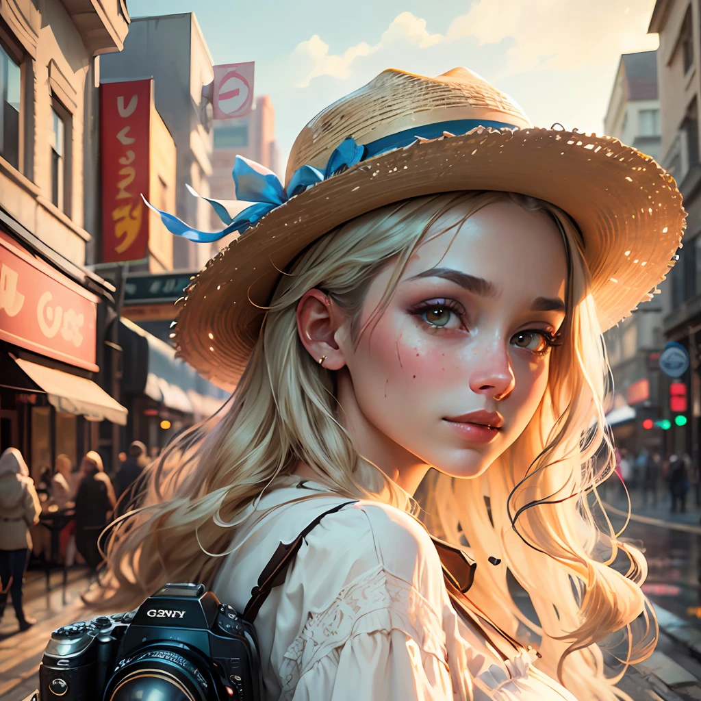 (best quality, masterpiece, realistic:1.3), (detailed), a woman in a white dress and woman's hat standing in front of a wet street, portrait of very beautiful girl , (looking at the viewer:1.1), long blond hair, loving smile, cityscape, the golden hour, elegant decollate, photo of a beautiful, on the streets, (camera field of depth:1.3),(left side of composition:1.3), insanely detailed, enhanced hd, Sony a7III, style of ivan shishk, 16k, UHD, HDR,(Masterpiece:1.5),(best quality:1.5) --auto --s2