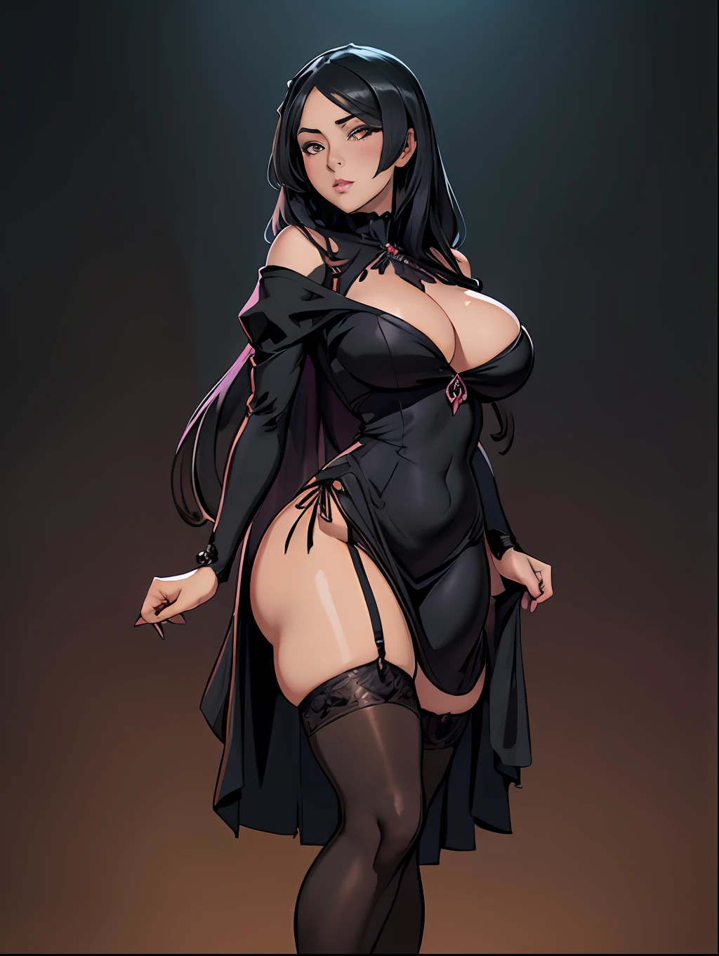 masterpiece, illustration, old anime, very detailed face, 
1girl, adult, solo, (((thick thighs, big breasts))), 
Witch, magic,
black long hair, eyeshadow
(((sensual fantasy black dress))), half thigh socks, 
dark room background, night scenary, 
sexy face, (((hands behind back))),