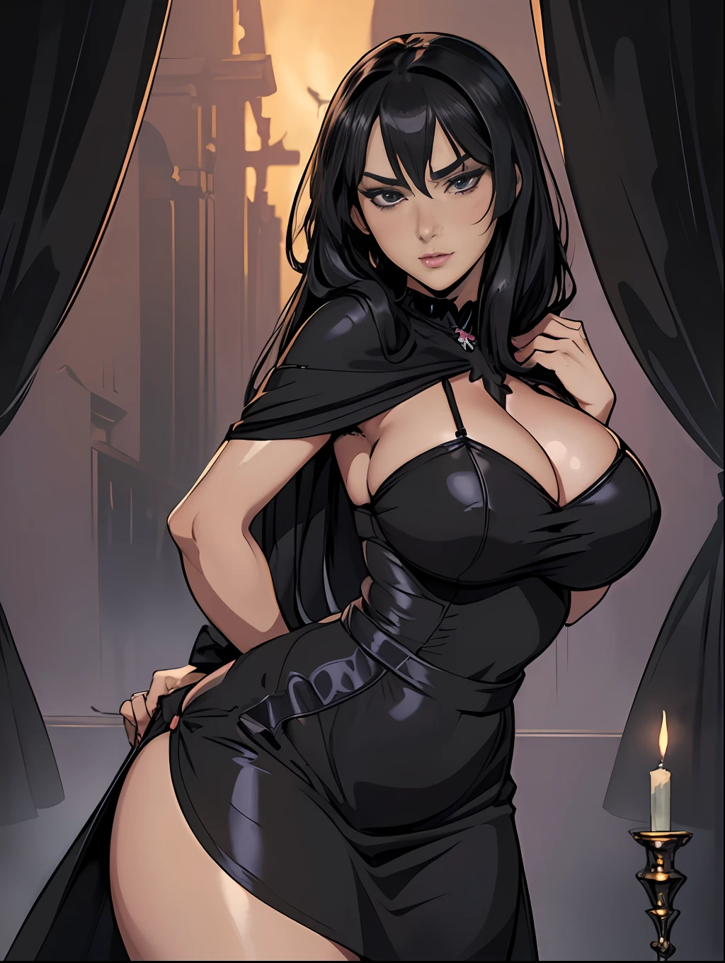 masterpiece, illustration, old anime, very detailed face,
1girl, adult, solo, (((thick thighs, big breasts))),
Witch, magic,
black long hair, eyeshadow
(((sensual fantasy black dress))), half thigh socks,
dark room background, night scenary,
sexy face, (((hands behind back))),