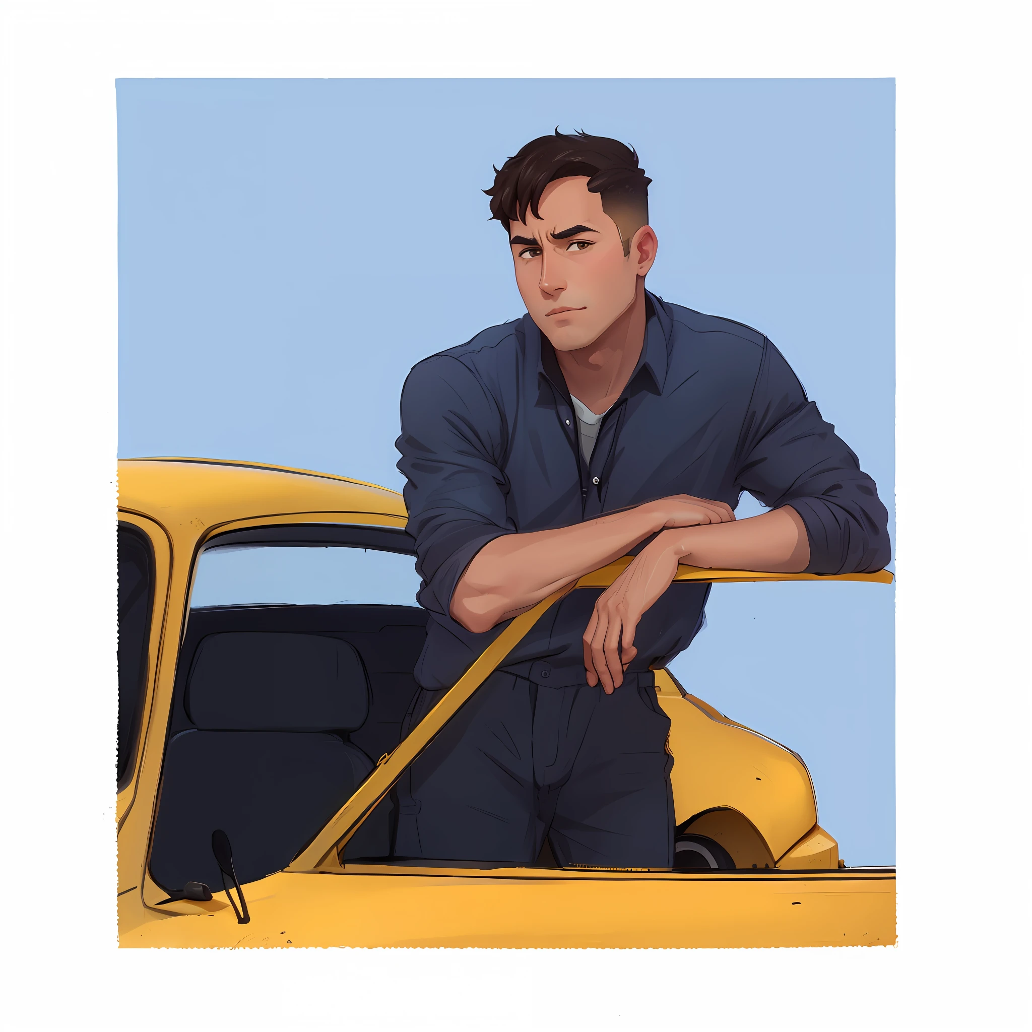 Arafed man leaning against the hood of a yellow car,