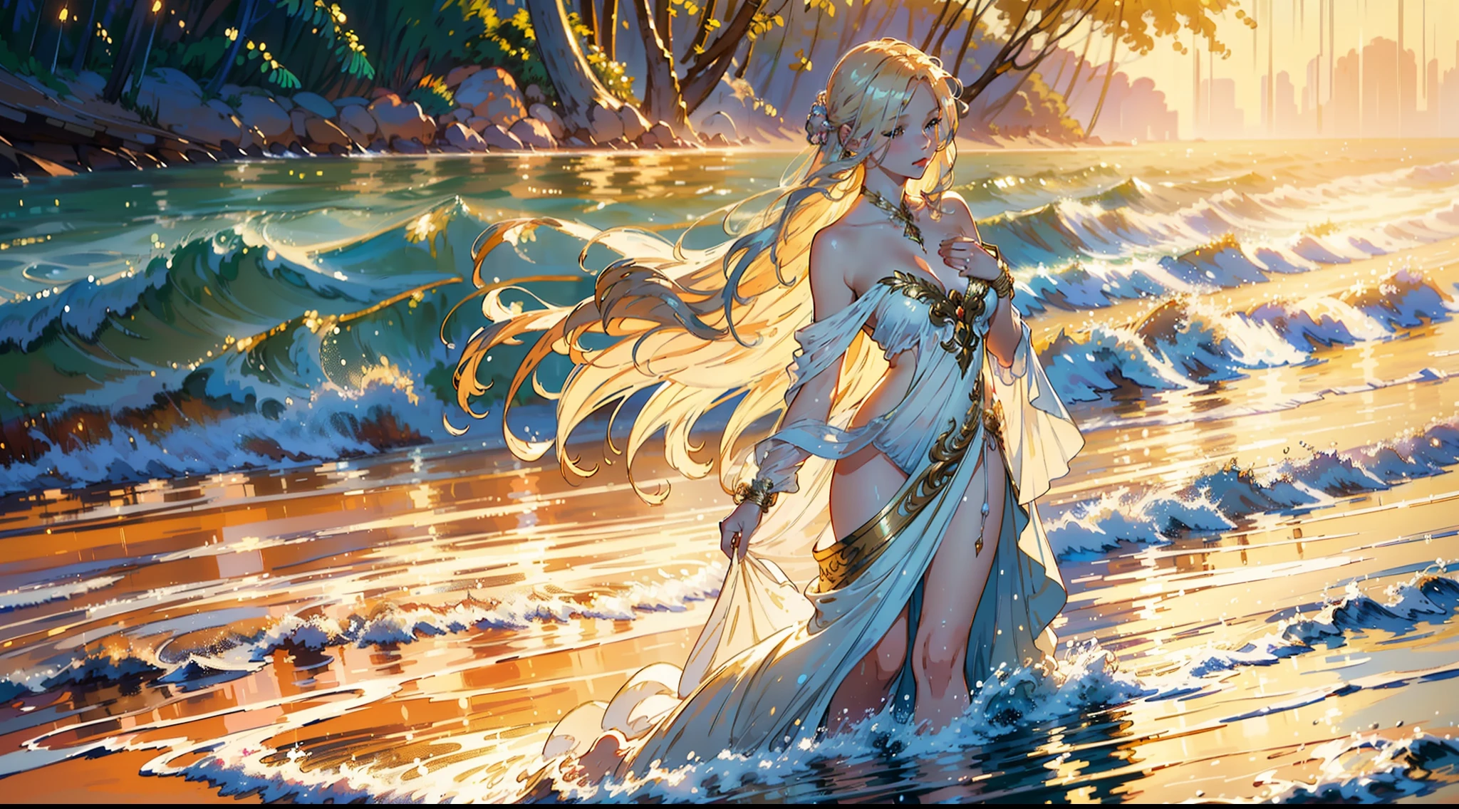 A mesmerizing nymph-like figure with flowing golden locks, dressed in an elegant white robe, gracefully walking along a secluded beach at sunset. (romantic:1.2), (impressionist brushstrokes:1.4), (ethereal lighting:1.3), (subtle reflections:1.1), (fine art photography:1.3), (serene atmosphere:1.2), (gentle waves:1.1), (soft pastel colors:1.2), (dreamlike ambiance:1.3), (detailed textures:1.2).