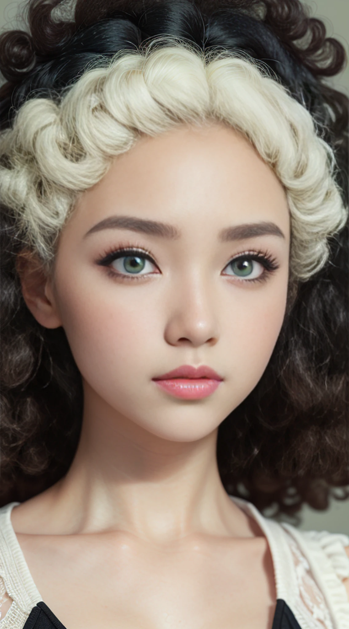 Girl Highly Detailed Face and Skin Texture, ((white skin)) big green eyes, slim face, juicy lips, bimbo lips, big puffy breast, ((afro curly Black hair)), pale skin, Detailed Eyes, Double Eyelids,