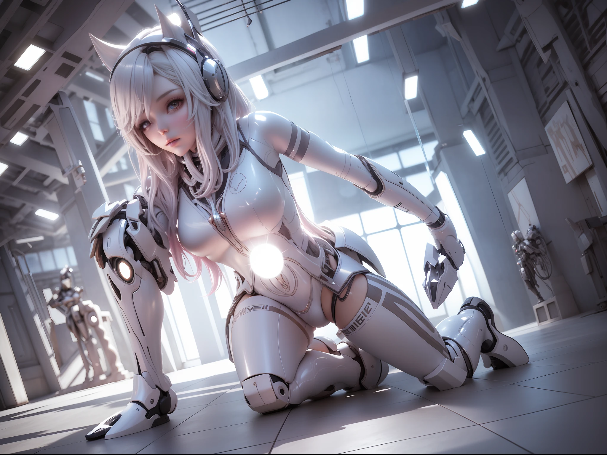 Female silver-white mech sculpture，Kneeling pose，The mech is rich in detail，Mechanical skin texture，