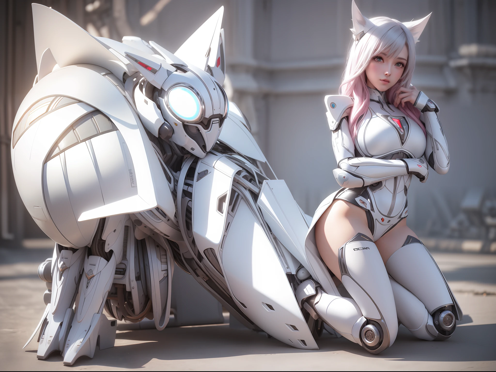 Female silver-white mech sculpture,Kneeling pose,The mech is rich in detail,Mechanical skin texture,