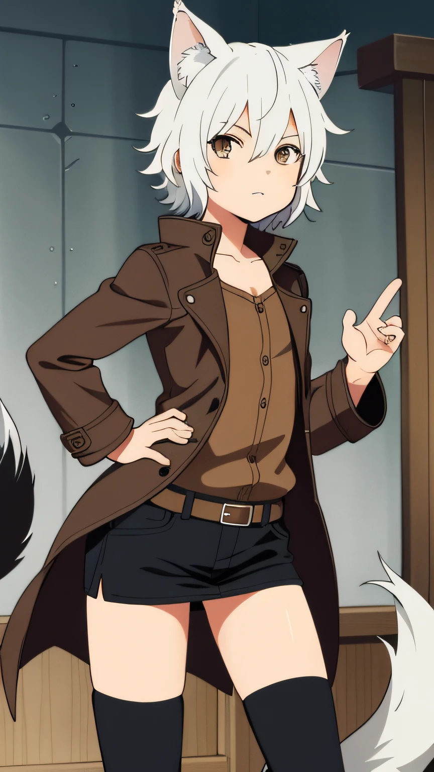 Best Quality, super detailed illustration, (1 boy:1.2), ears and tail like a wolf, femenine body, Short Hair Hair, in a leather coat, dnd