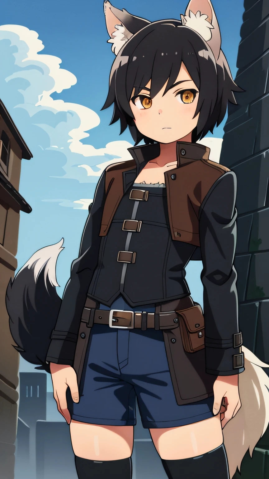 Best Quality, super detailed illustration, (1 boy:1.2), ears and tail like a wolf, femenine body, Short Hair Hair, in a leather coat, dnd