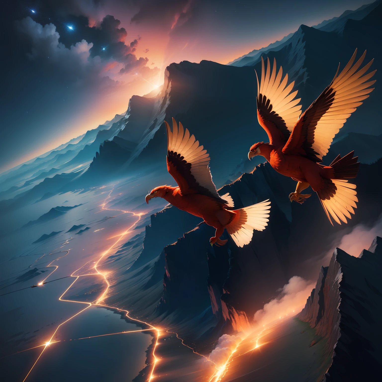 Firebirds fly in the sky at night with Chad behind and mountains below 8k