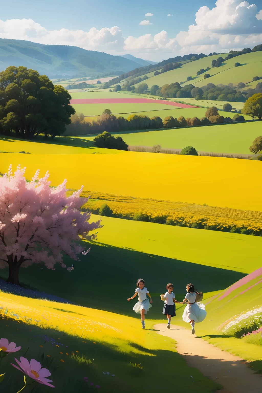 [Imagem: Describe an image with a countryside setting full of flowers in full bloom, cores vivas e alegres, Children running and smiling with baskets of flowers, and colorful butterflies dancing in the air.]