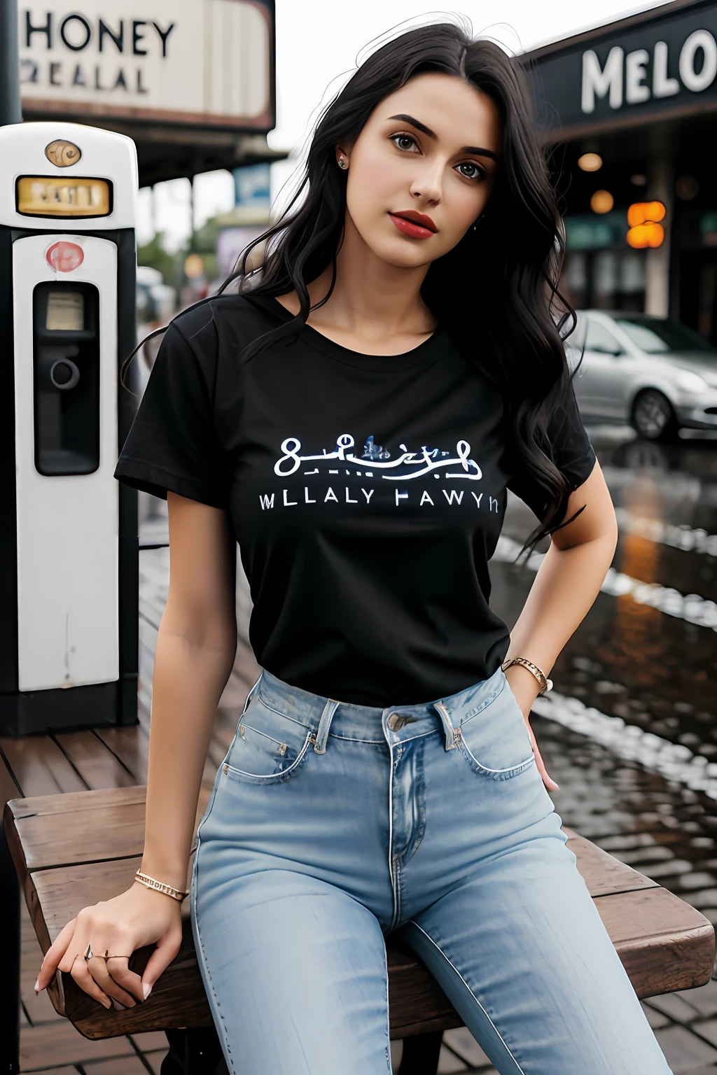 ((Best Quality, 8k, Masterpiece:1.3)), Focus: 1.2, Perfect Body Beauty: 1.4, Arabian 27 years old woman: 1.2, ((Black curly Hair)), (White plain, round neck, regular fit basic tee-shirt:1.1), no print on Teeshirt, no underneath bra, Rounded neck basic full body length, regular fitting tee-shirt, Mid Blue skinny jeans, low rise jeans, long jeans: 1.1, short sleeves white regular tee-shirt, full length tee-shirt, Highly detailed face and skin texture, Detailed eyes, Double eyelids, toned body, Whitened skin, serious mood, firm big breasts, perfact firm legs, high heel's, whitened skin, detailed black eyes, black wavy hairstyle, detailed face, middle eastern woman, baggy medium size basic tee-shirt, simple plain regular Tee-shirt, large hips, 8K UHD, black anklet, model looks, Hount city, rainy weather, night time, silver wrist watch, bracelet, bangle's, open legs style Posing, old shell gas station, sitting on a old wooden chair, high heels, detailed beautiful feets, detailed feets fingers and shape, old petrol pump, rainy atmosphere, wet roads, model shoot style, sitting on old stool, wooden chair, wooden bench, old letter box, night time, Marlboro billboard neon sign, Old Gas station,