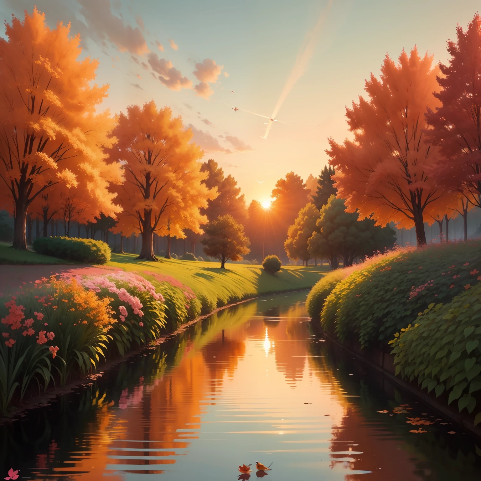 Scenery of peace and serenity. The sun is setting on the horizon, Painting the sky in soft shades of orange and pink. ao redor, alto, Leafy trees spread their welcoming shadows, while small birds fly in harmony.