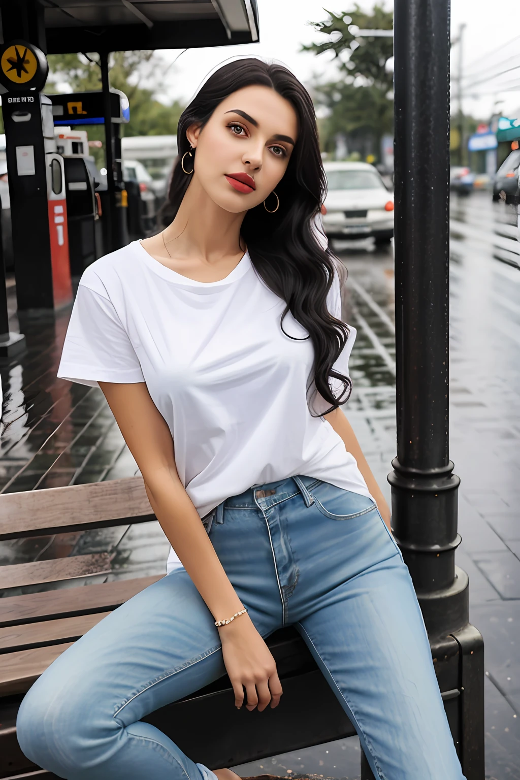 ((Best Quality, 8k, Masterpiece:1.3)), Focus: 1.2, Perfect Body Beauty: 1.4, Arabian 27 years old woman: 1.2, ((Black curly Hair)), (White plain, round neck, regular fit basic tee-shirt:1.1), no print on Teeshirt, no underneath bra, Rounded neck basic full body length, regular fitting tee-shirt, Mid Blue skinny jeans, low rise jeans, long jeans: 1.1, short sleeves white regular tee-shirt, full length tee-shirt, Highly detailed face and skin texture, Detailed eyes, Double eyelids, toned body, Whitened skin, serious mood, firm big breasts, perfact firm legs, high heel's, whitened skin, detailed black eyes, black wavy hairstyle, detailed face, middle eastern woman, baggy medium size basic tee-shirt, simple plain regular Tee-shirt, large hips, 8K UHD, black anklet, model looks, Hount city, rainy weather, night time, silver wrist watch, bracelet, bangle's, open legs style Posing, old shell gas station, sitting on a old wooden chair, high heels, detailed beautiful feets, detailed feets fingers and shape, old petrol pump, rainy atmosphere, wet roads, model shoot style, sitting on old stool, wooden chair, wooden bench, old letter box, night time, Marlboro billboard neon sign, Old Gas station,