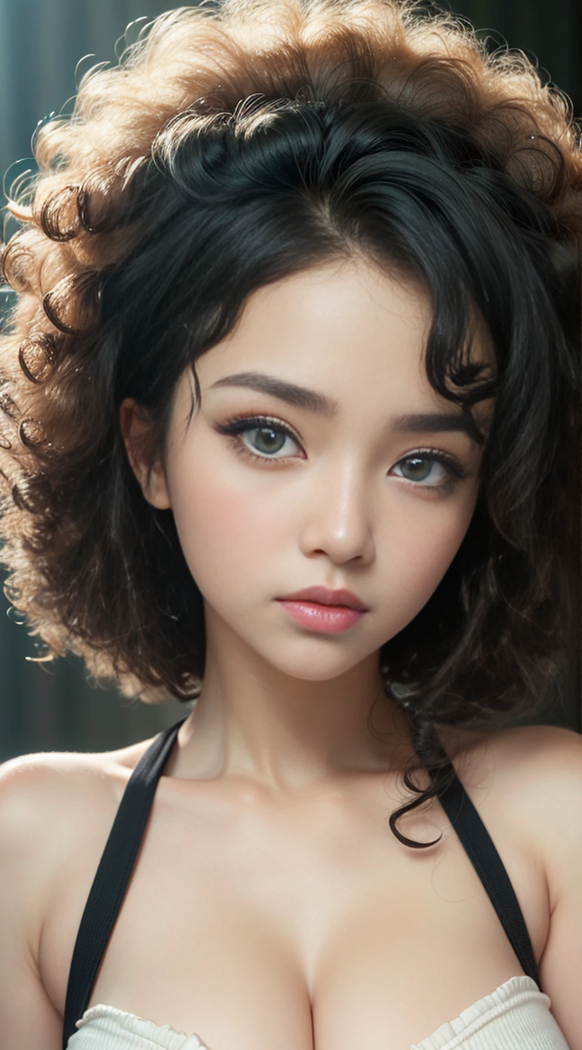 Girl Highly Detailed Face and Skin Texture, ((white skin)) big green eyes, slim face, juicy lips, bimbo lips, big puffy breast, ((afro curly Black hair)), pale skin, Detailed Eyes, Double Eyelids,